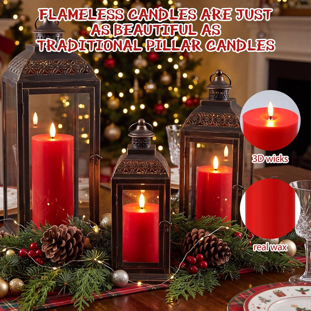 3 Pcs 6/8/12 Inches Thanksgiving Flameless LED Candles with Remote and 2/4/8h Timer Red Battery Operated Wax Flickering