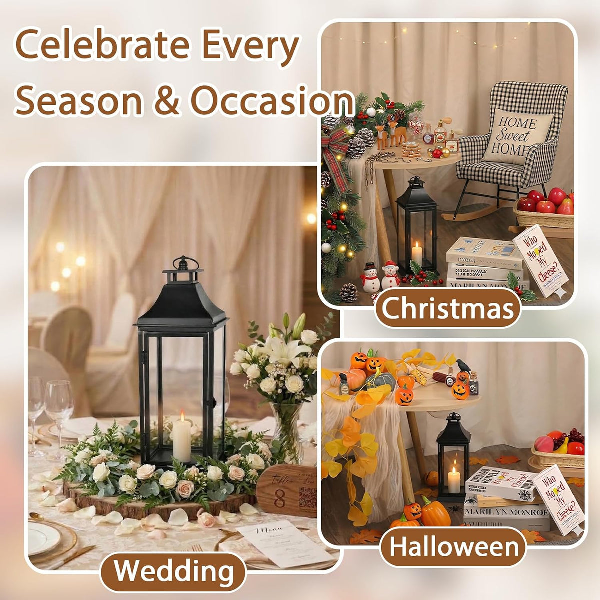 SwallowLiving Black Outdoor Lanterns Set of 2, 19.5" & 13.3" Farmhouse Large Metal Decorative Candle Lanterns with