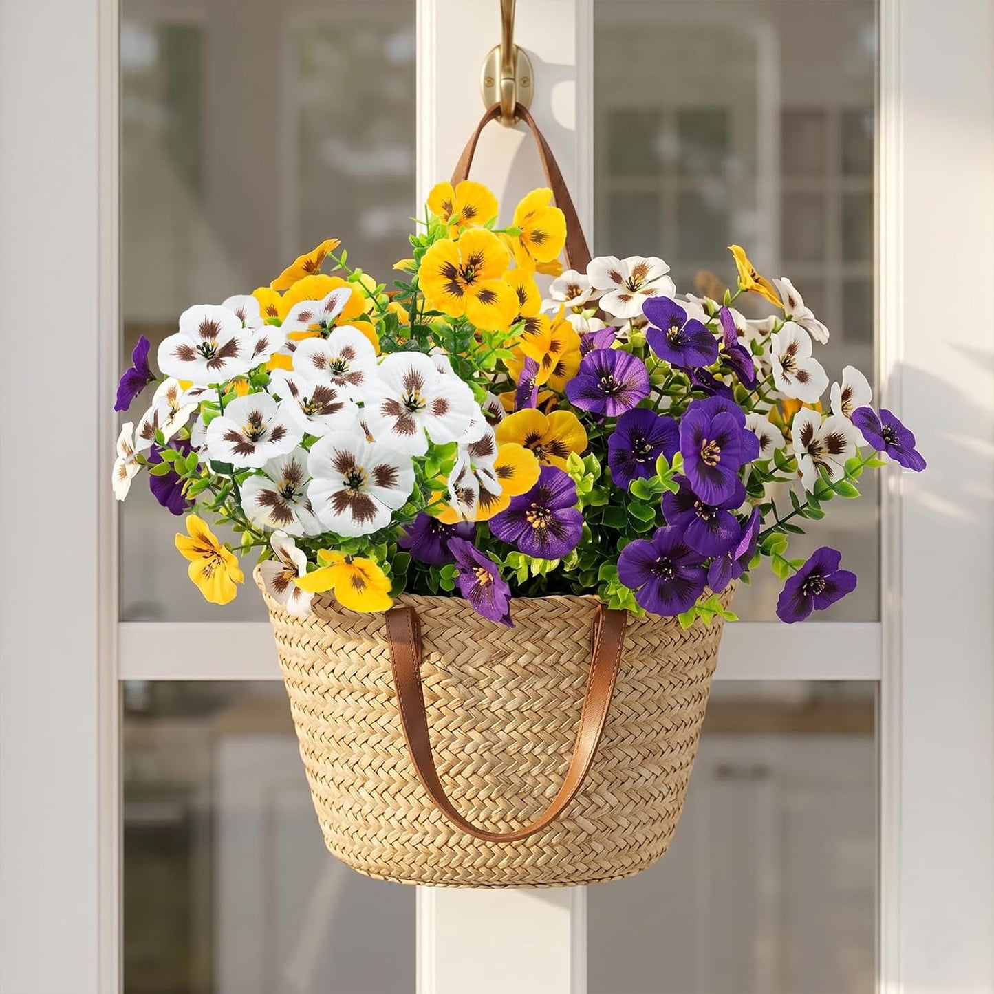 Artificial Fake Pansy Flowers / Purple, Yellow, White / Set of 18