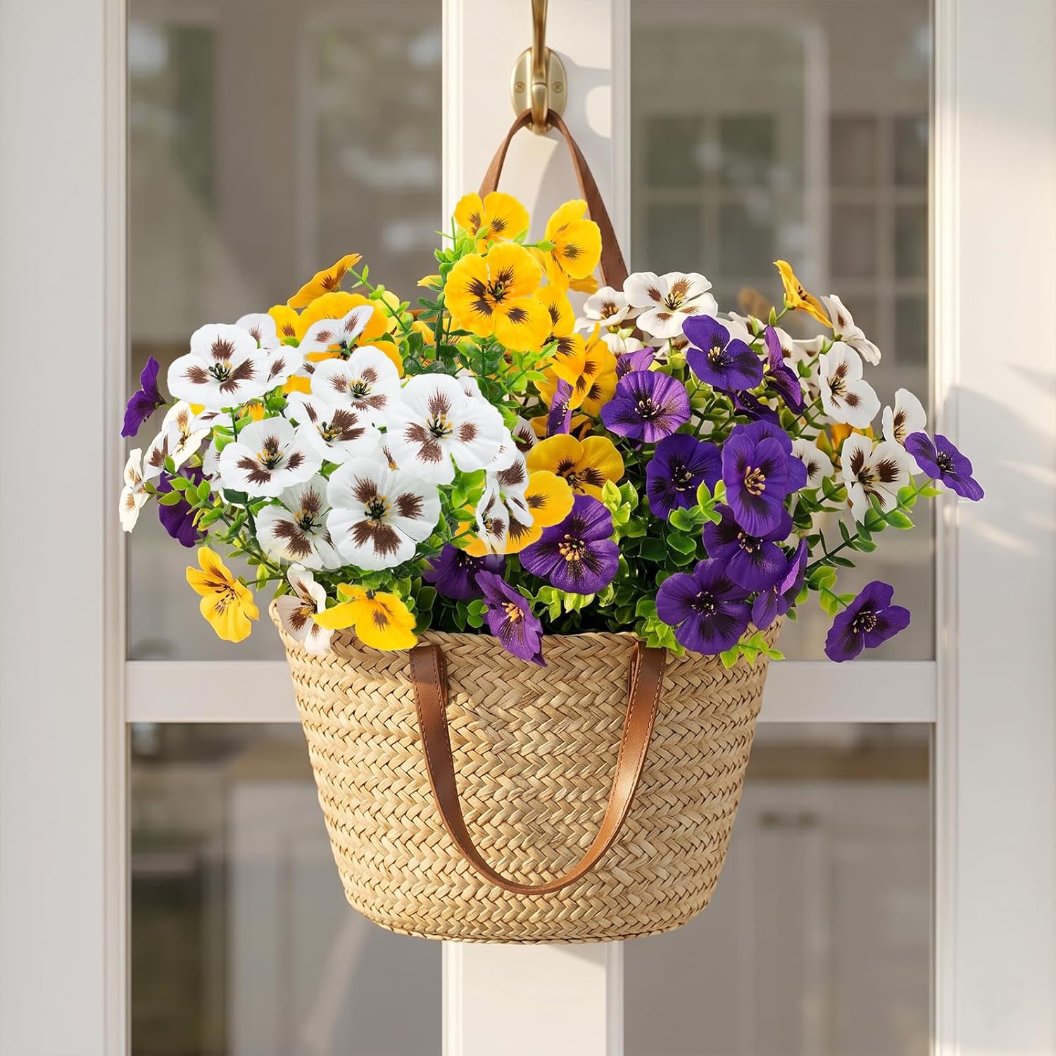 Artificial Fake Pansy Flowers / Purple, Yellow, White / Set of 18