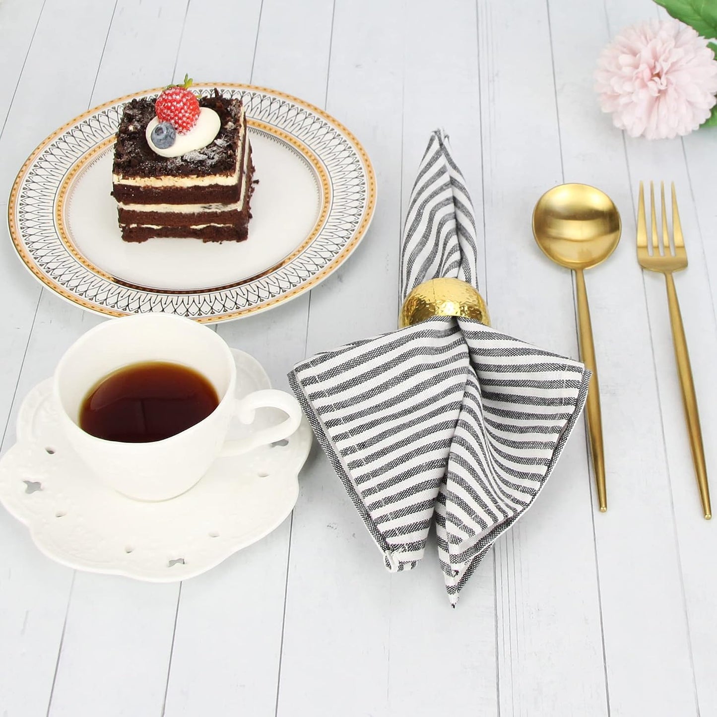 Plain Striped Cotton Linen Blended Dinner Cloth Napkins - Set of 12 (17 x 17 inches) - for Events & Home Use (Black)