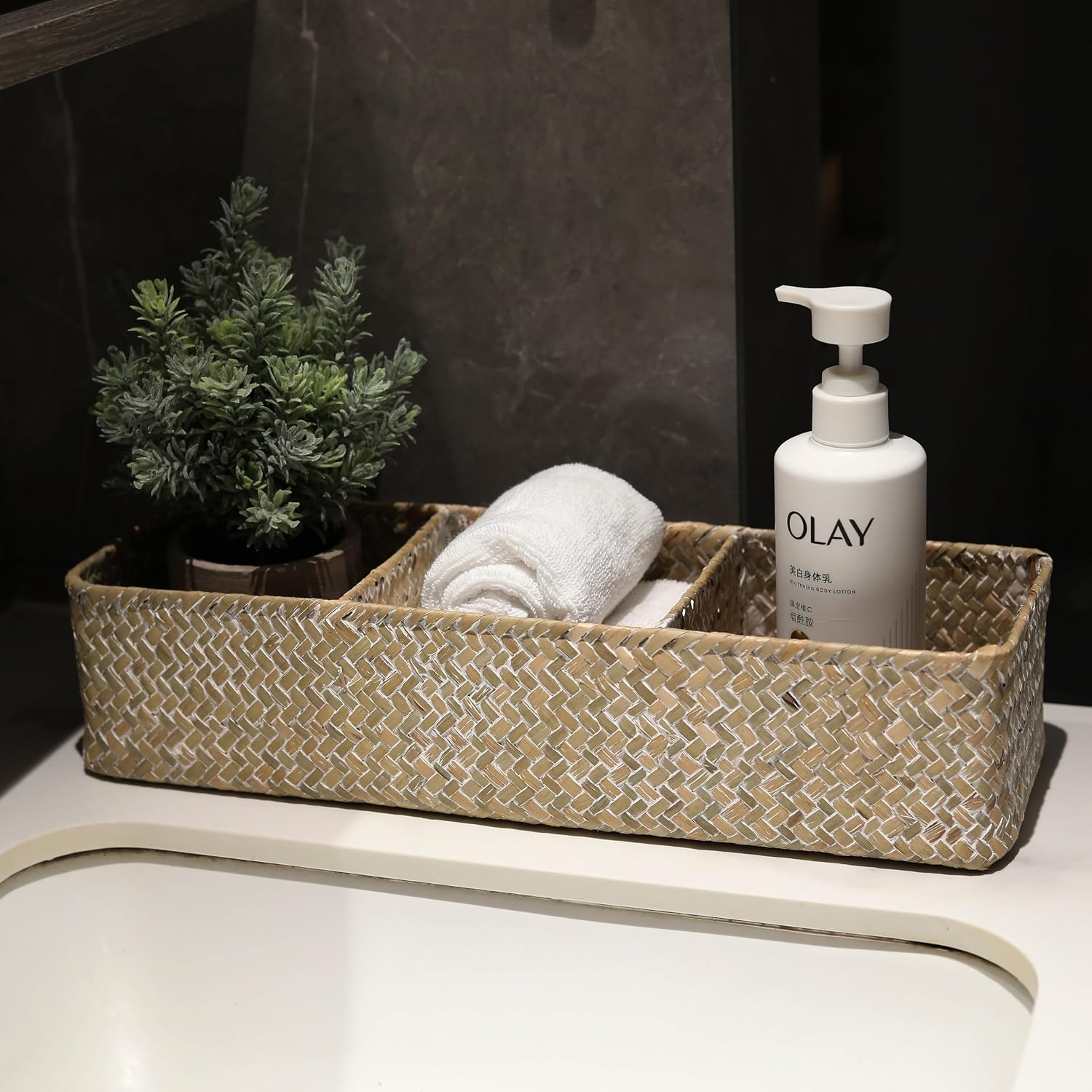 Seagrass Storage Basket 3 Sections Woven Shelf / Whitewash 3 Sections Without Lid / 14.6 x 4.7 x 3.1