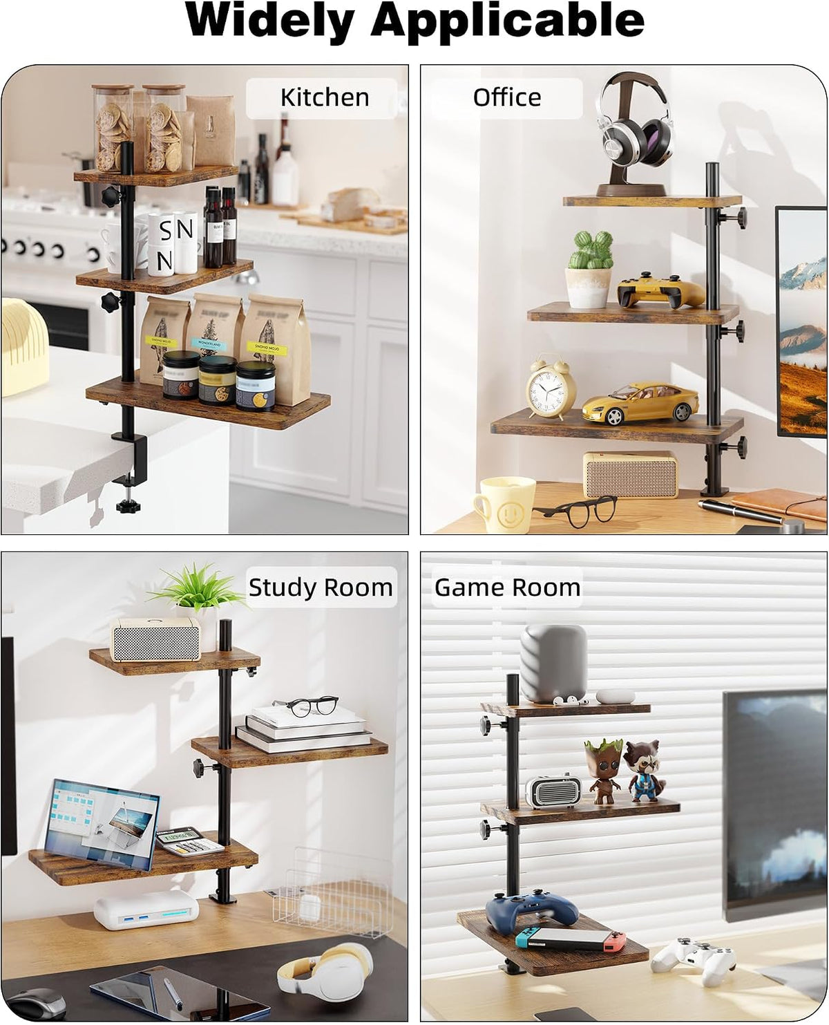 3 Tiers Clamp On Desk Shelf, 360° Angle Adjustable Desktop Shelf Organizer for Home Office Gaming Room, No Drill Desk