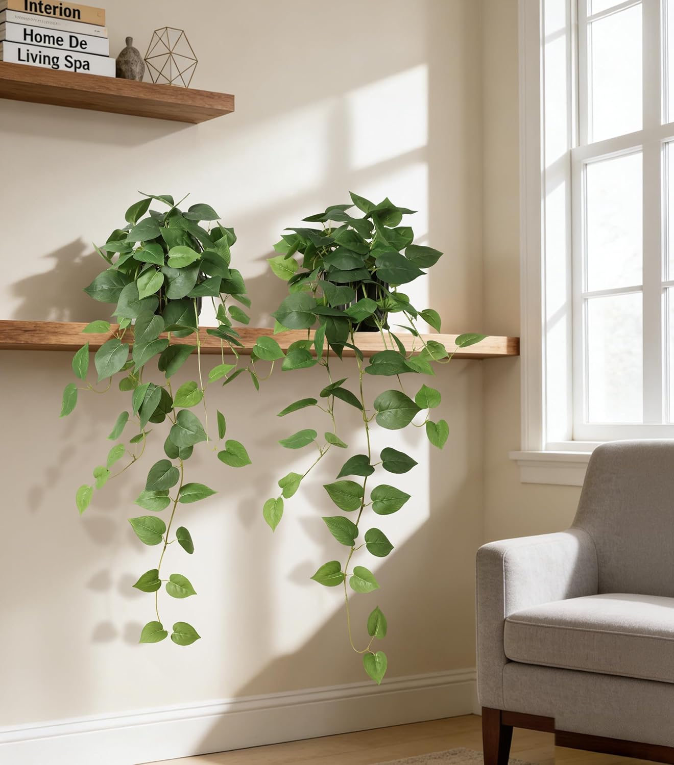 Fake Plants Faux Pothos Plants Potted Indoor Artificial Hanging / Green Pothos Potted / Set of 2