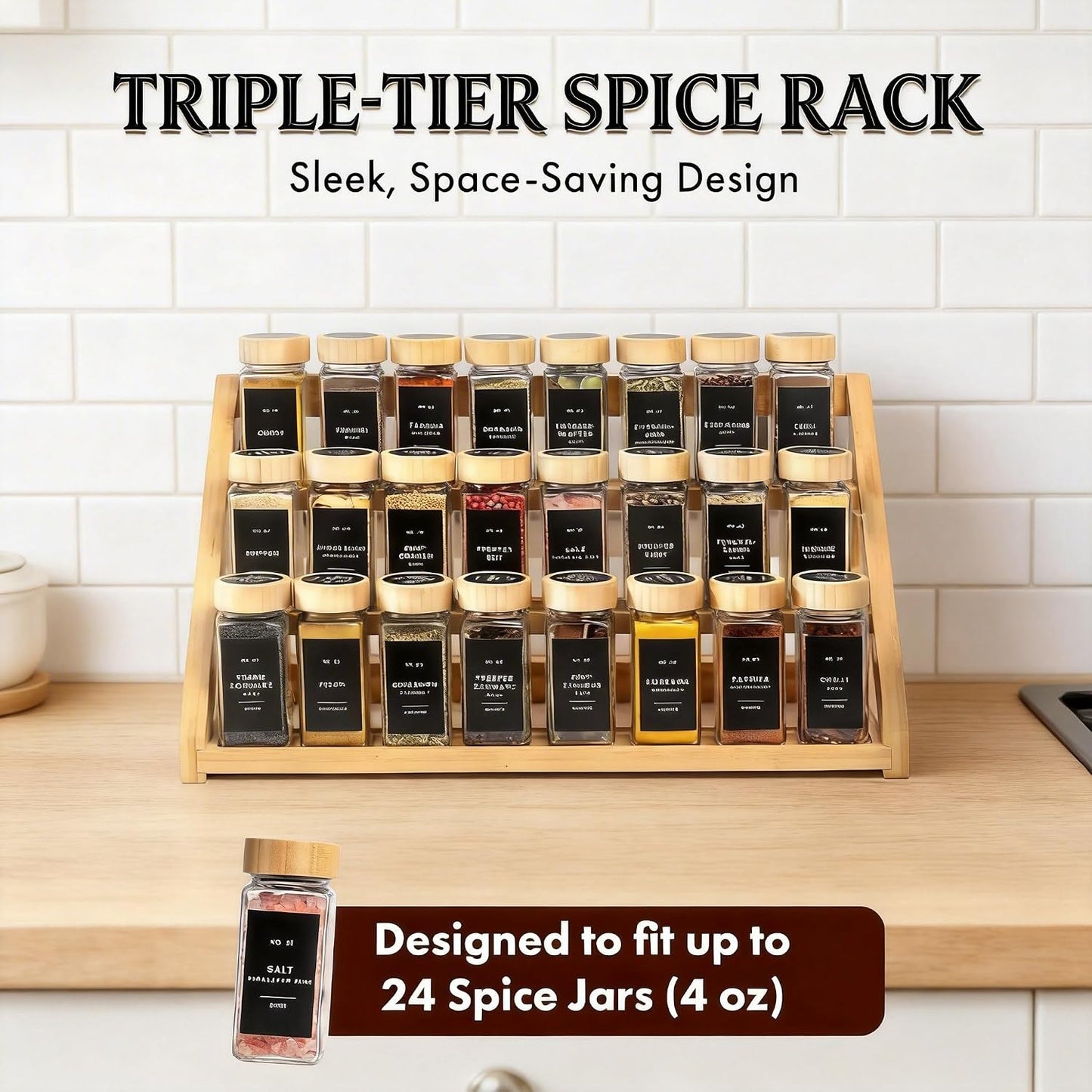Spice Rack, Spice Organizer -3 Tier Bamboo Spice Racks, Solution for Spice Storage in Kitchens, Countertops，Storage