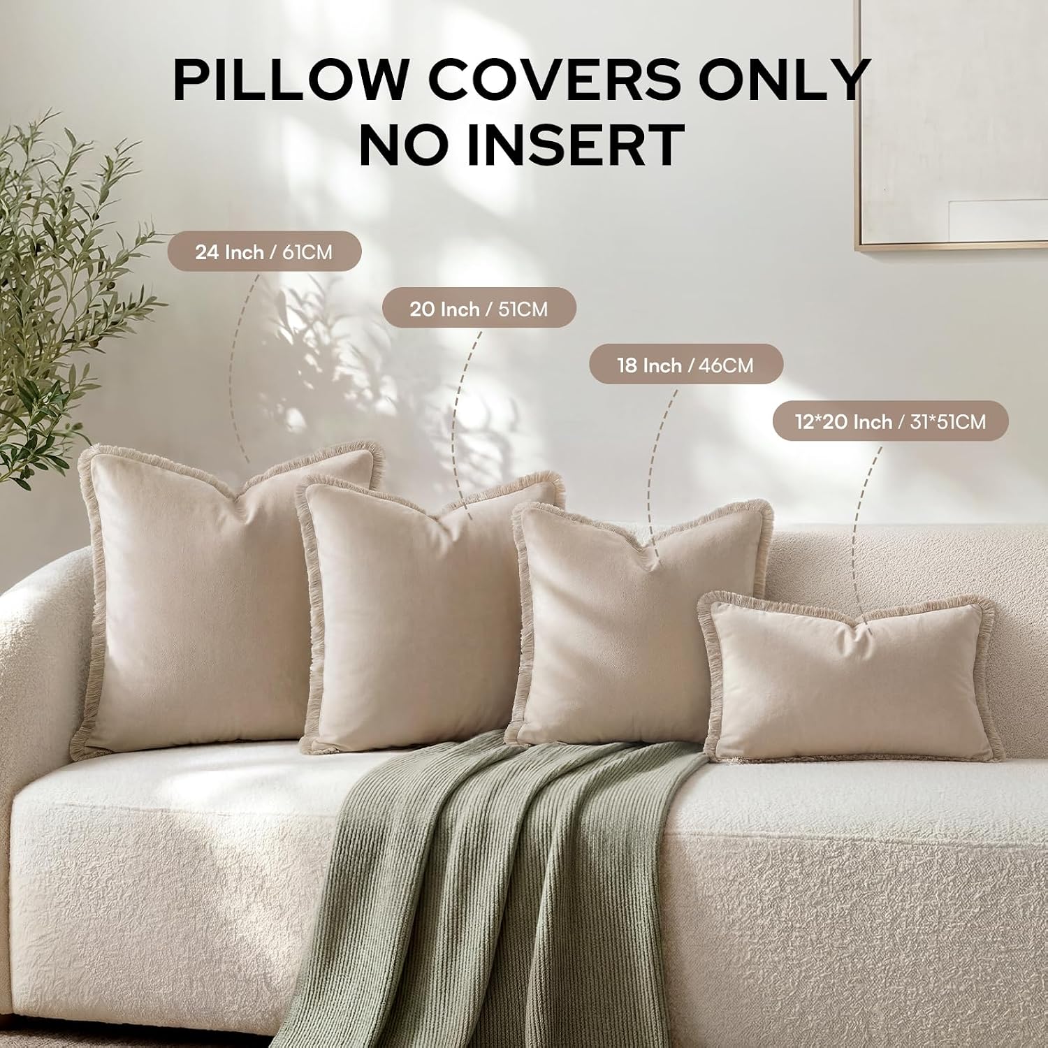 Neutral Velvet Throw Pillow Covers / Beige / 18 x 18 / Set of 2