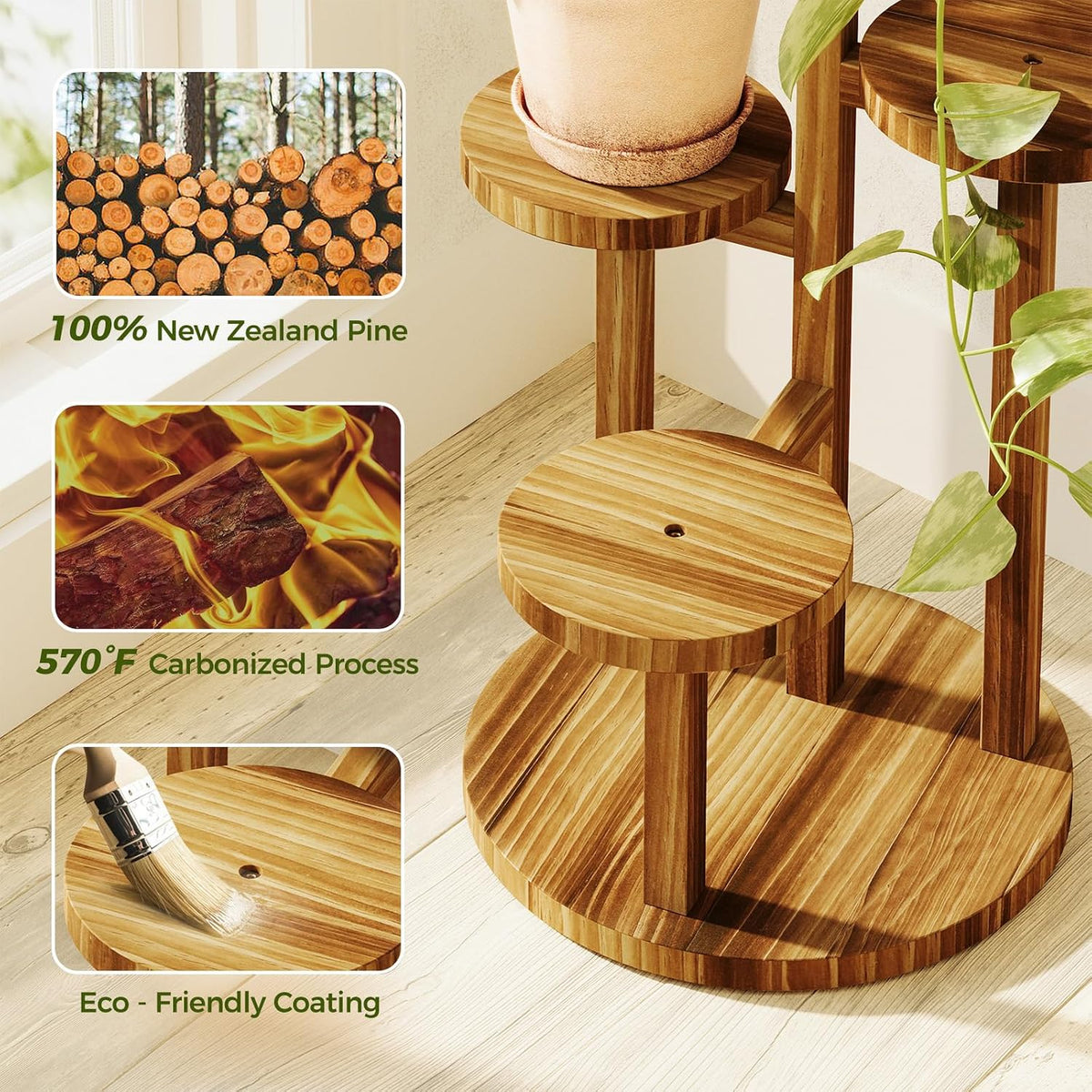 Bamworld Plant Stand Indoor Wood Plant Shelf 4 Tier Brown | plant holders for Multiple Plants Tall Corner Plant Stands