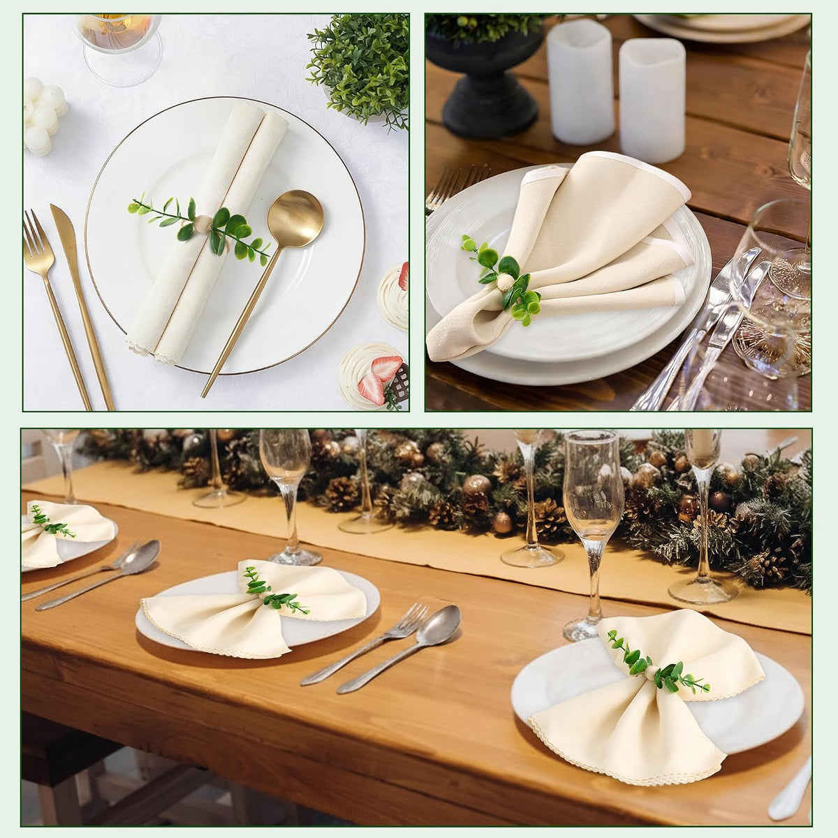 APTWOW Spring Napkin Rings Set of 12, Boho Eucalyptus Leaf Napkins Rings, Wood Bead Farmhouse Easter Napkin Holder for