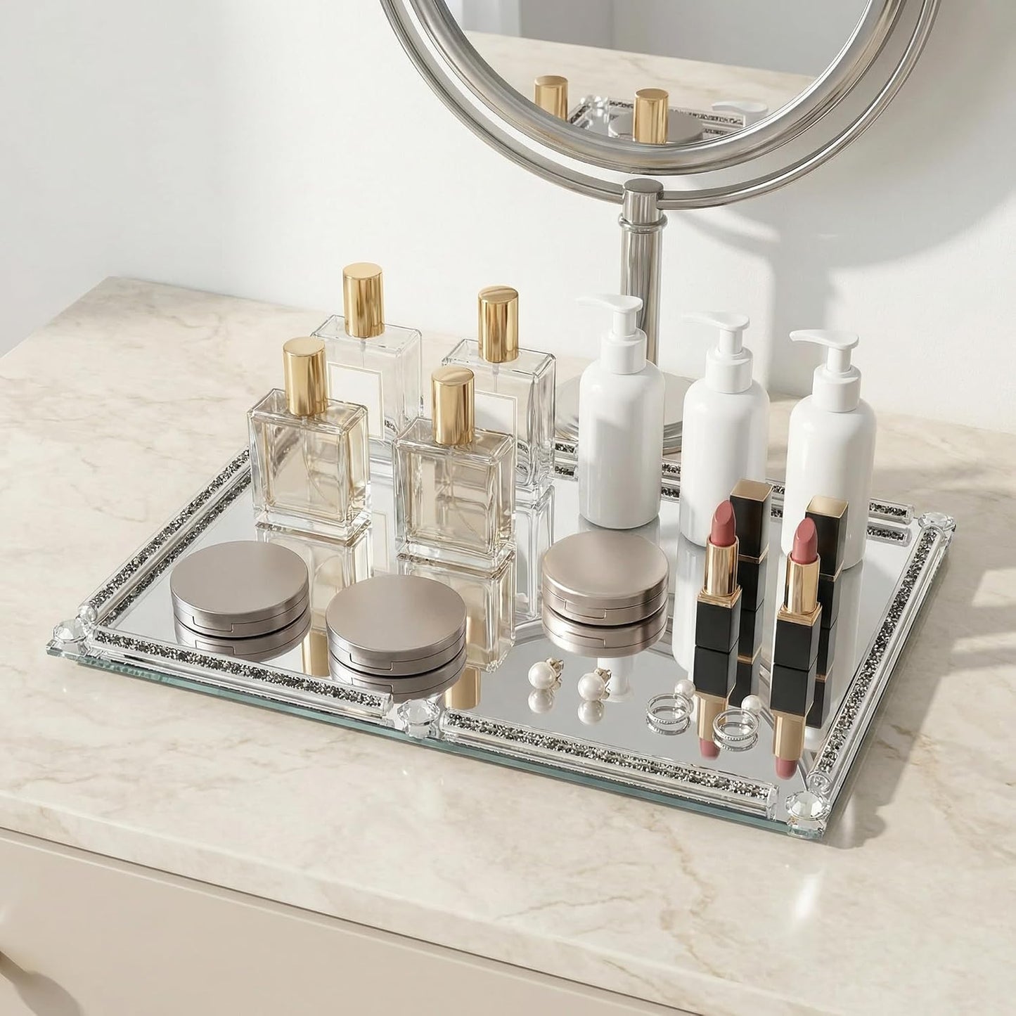Crushed Diamond Filled Glass Vanity Tray / Black / 15.7 x 11.8 x 1.4