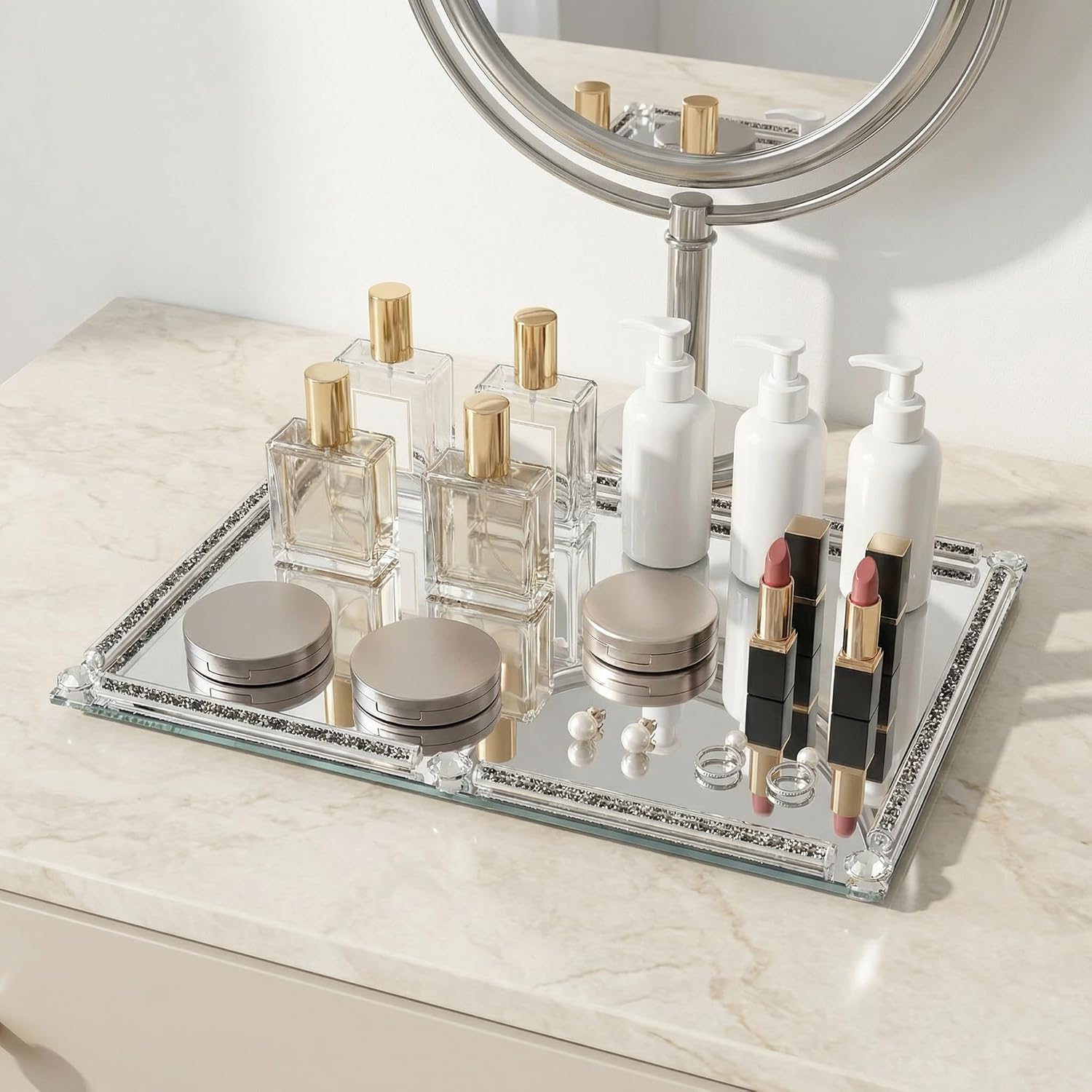 Crushed Diamond Filled Glass Vanity Tray / Black / 15.7 x 11.8 x 1.4