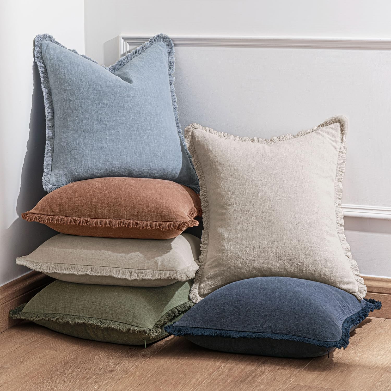 Decorative Linen Fringe Throw Pillow Covers Boho Farmhouse Soft Cushion / 20 x 20 / Brick / Set of 2