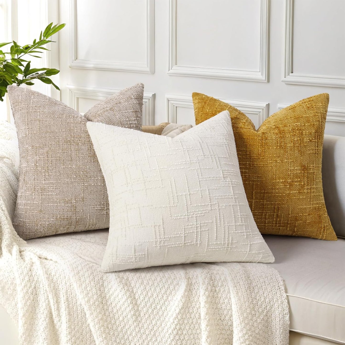 Fall Chenille Throw Pillow Covers Textured Soft Slubby Couch / Mustard Yellow / 18 x 18 / Set of 2