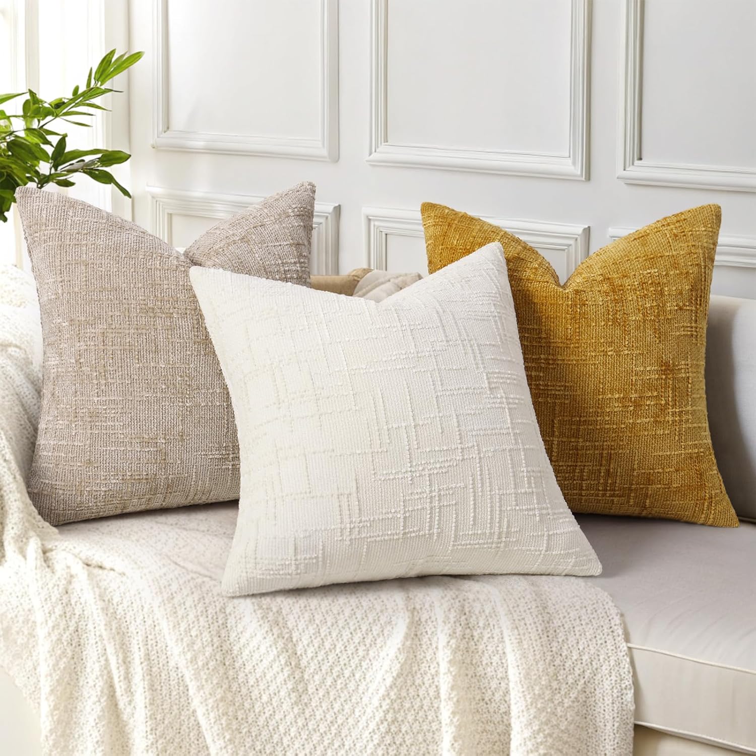 Fall Chenille Throw Pillow Covers Textured Soft Slubby Couch / Cream White / 18 x 18 / Set of 2