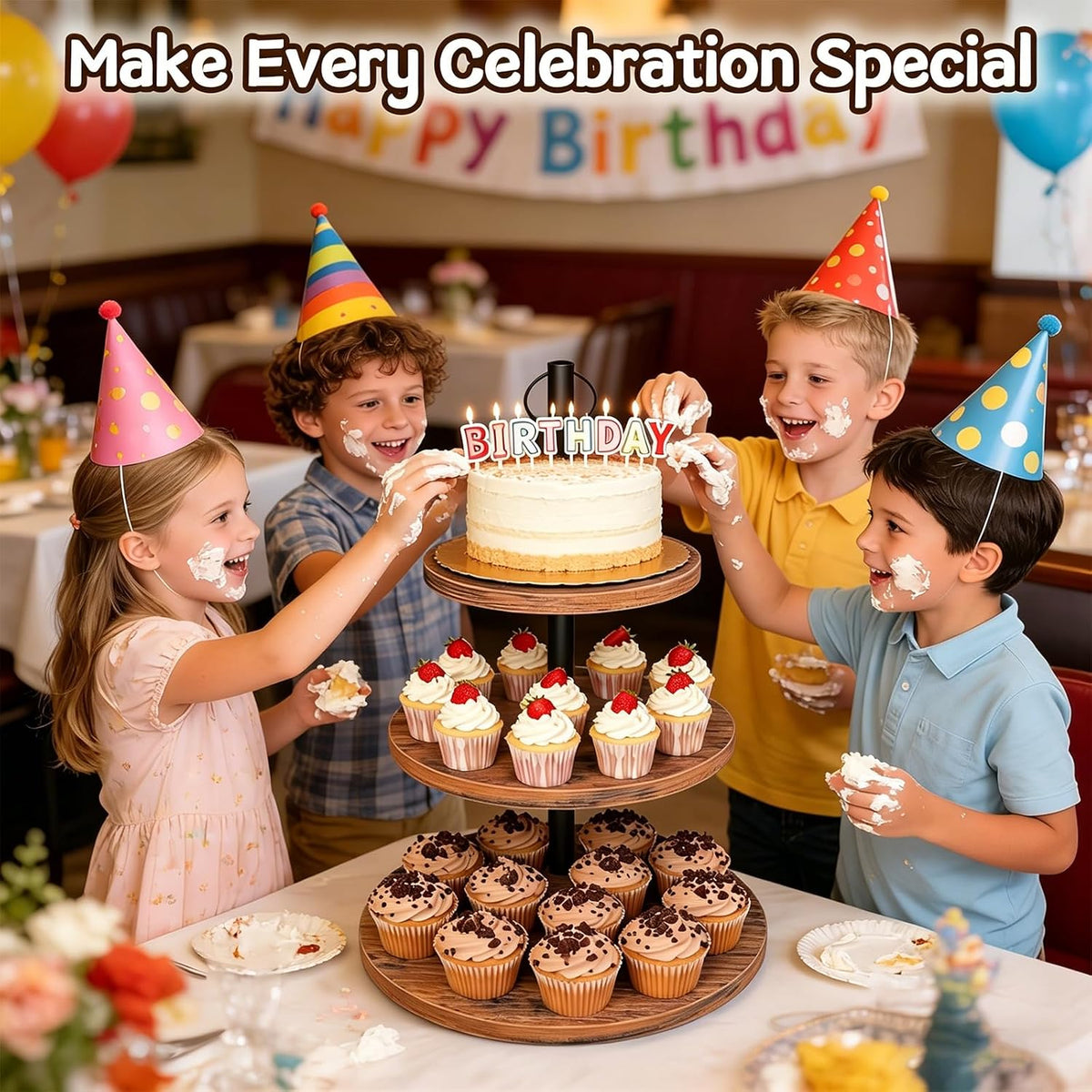 Cupcake Stand, Rustic Wood 3 Tier Cake Stand, Dessert Table Display | Round Cake Stand Display, Wooden Tiered Cupcake
