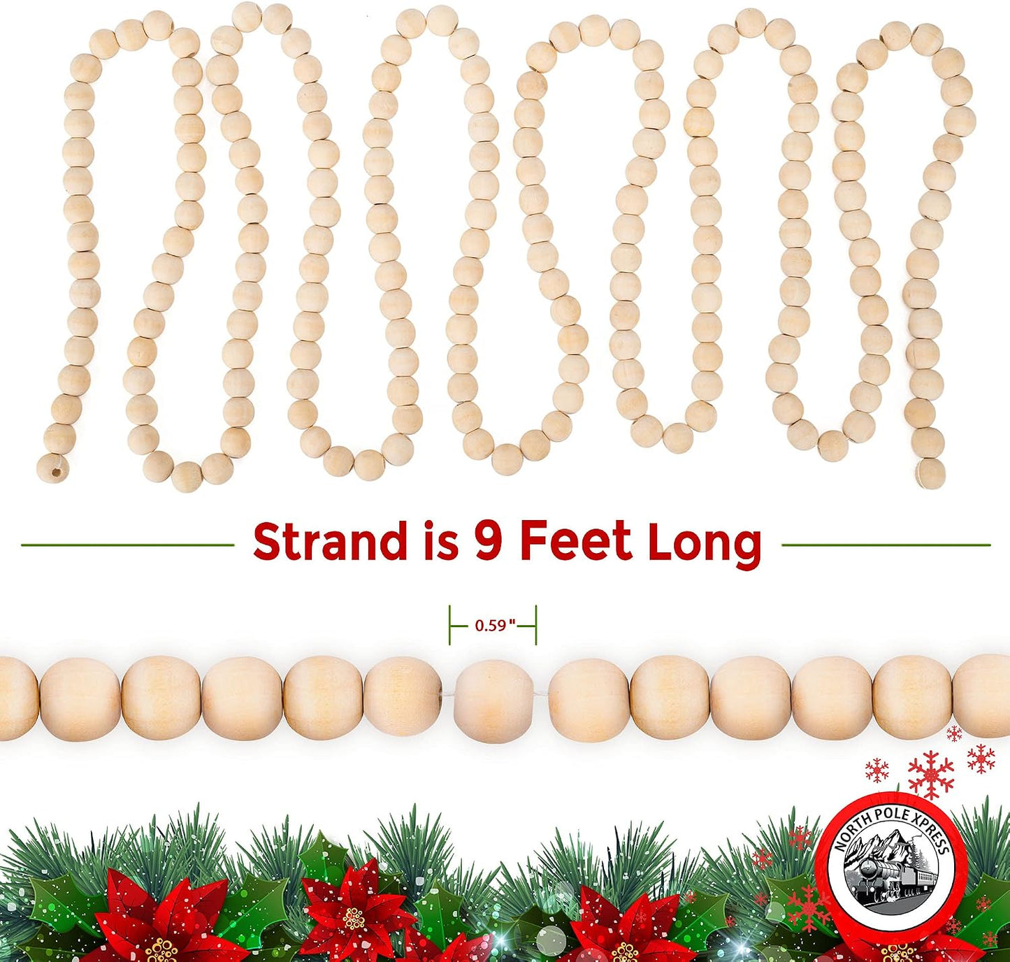 9 Foot Wood Bead Christmas Garland / Natural