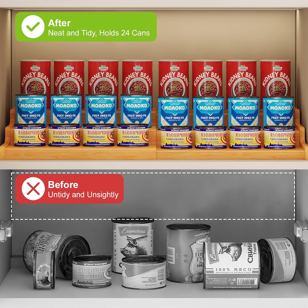 Expandable Bamboo Can Rack Organizer for Pantry, 3-Tier Adjustable Can Storage Holder, Soda Organizer Holds Up to 24