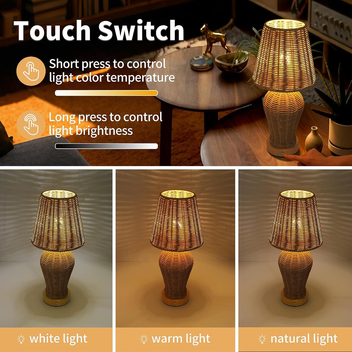 Boho Rattan Rechargeable Cordless Table Lamp, Touch Dimmable Battery Operated Table Light, for Patio Restaurant Kitchen