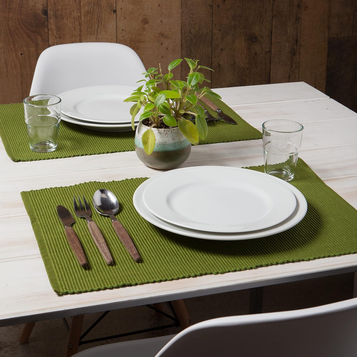 Now Designs Spectrum Placemats Thick Ribbed Cotton, Fir Green, 19x13 inches, Set of 4