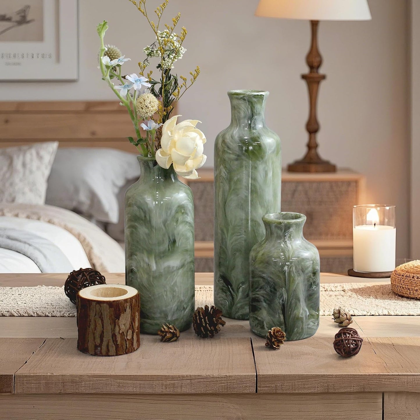 Resin 3 Piece Vase Set / Green