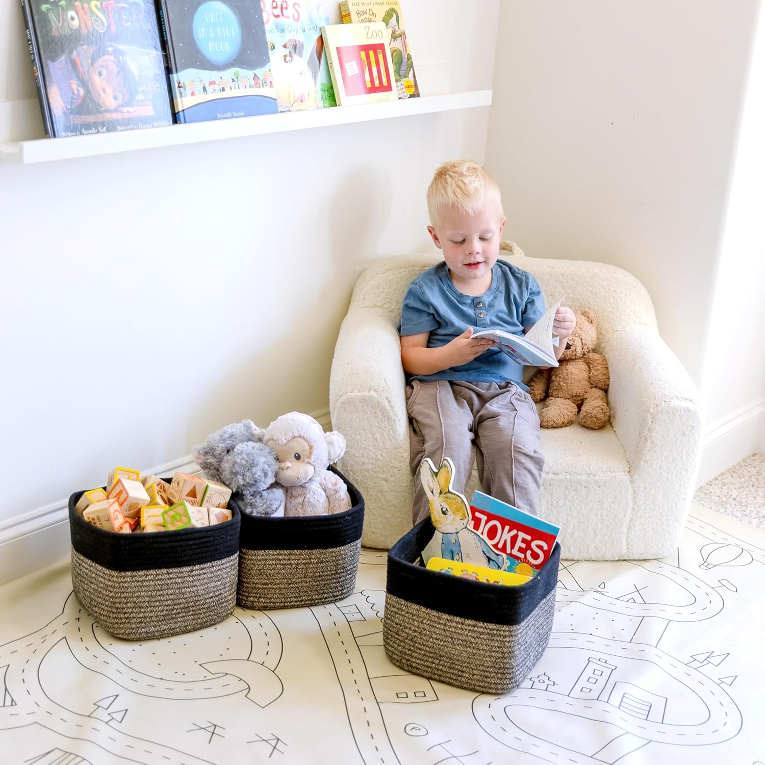 Storage Cubes "Cotton Rope Woven Baskets for Organizing / Black & Mixed Black / 9 x 9 x 7 / Set of 3