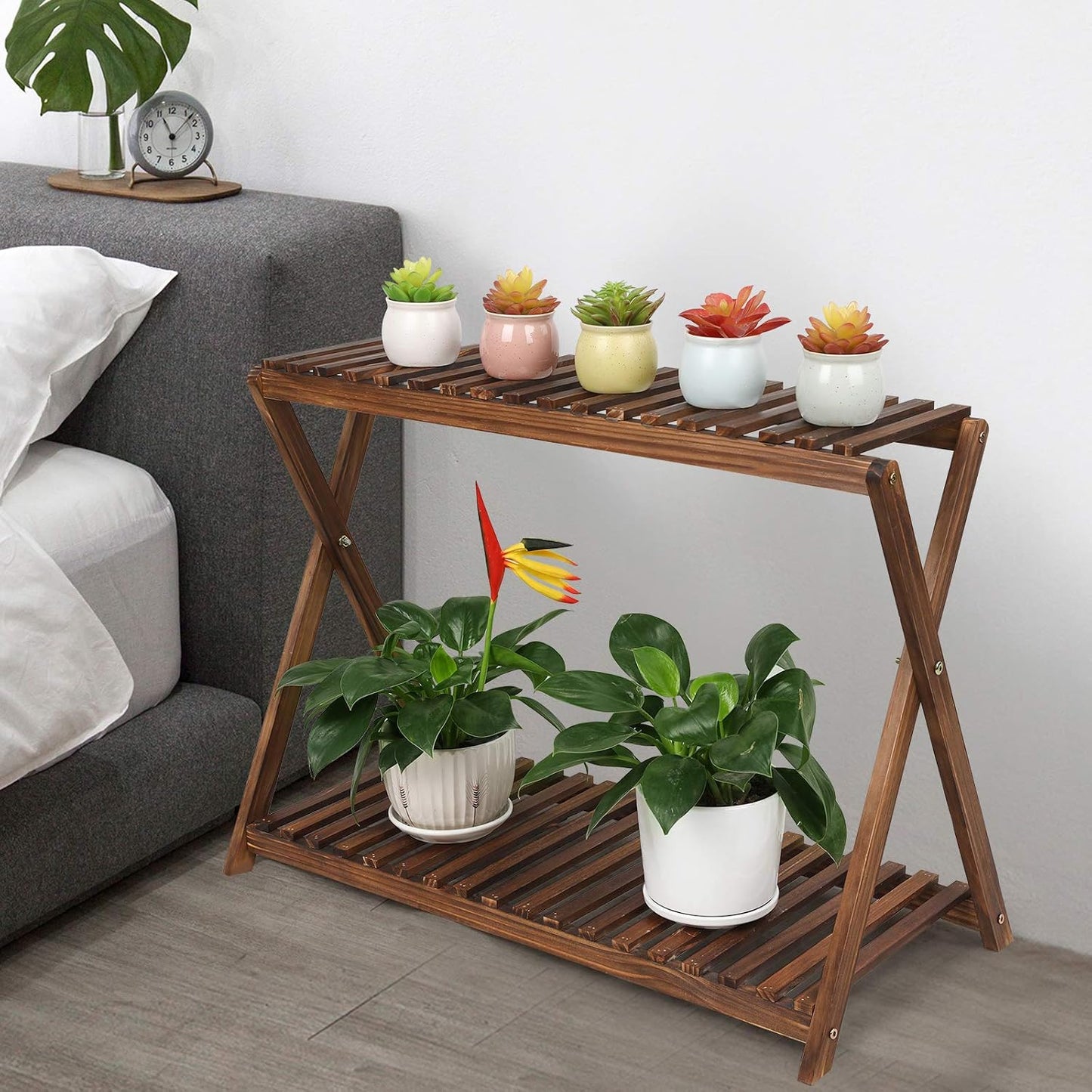Wood Plant Stand Shelf Indoor Outdoor 2 Tier Plant Bench Corner | Stepped Flower Stand Plant Table Planter Shelf Holder