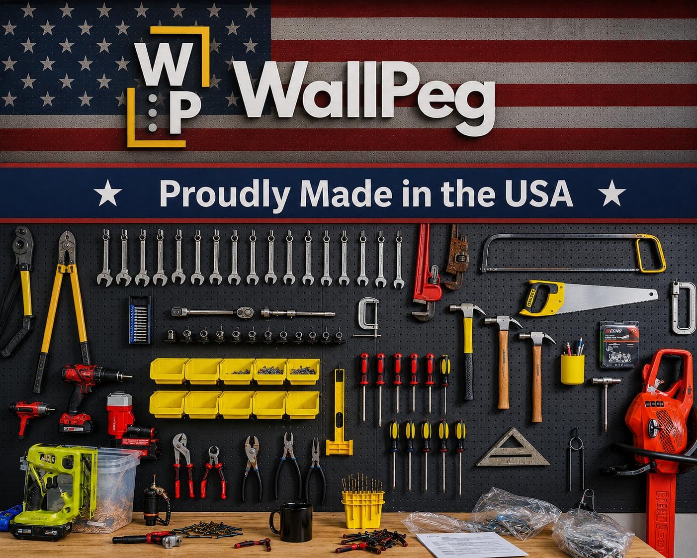 Pegboard Kit - 4 Each 24"x16" Peg Board Panels - Made in USA - Mounted Size is 64" x 24" Pegboards Wall Organizer for