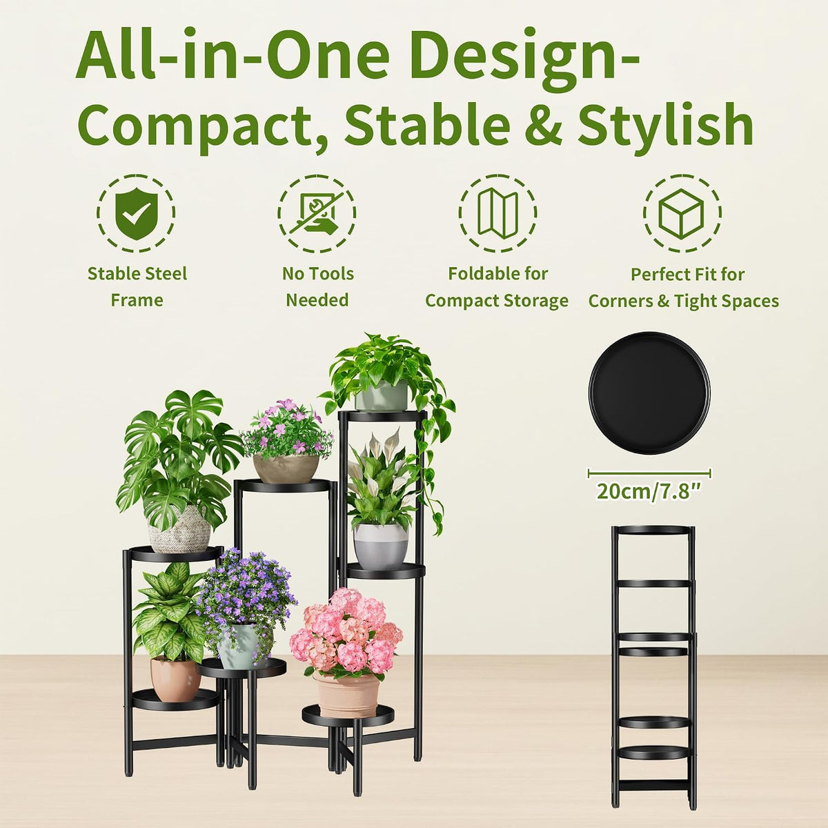 7 Tiers Plant Stand Indoor for Multiple Large Planter, Tall Tiered Folding Plant Rack Outdoor with Rustproof 10 Inch