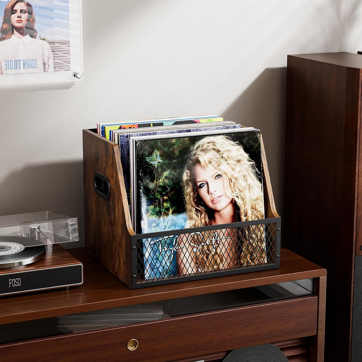 Vinyl Record Storage,Wooden Crate ‌Vinyl Holder with Dividers for Albums & Magazine Rack Organizer for 60+ Records Case