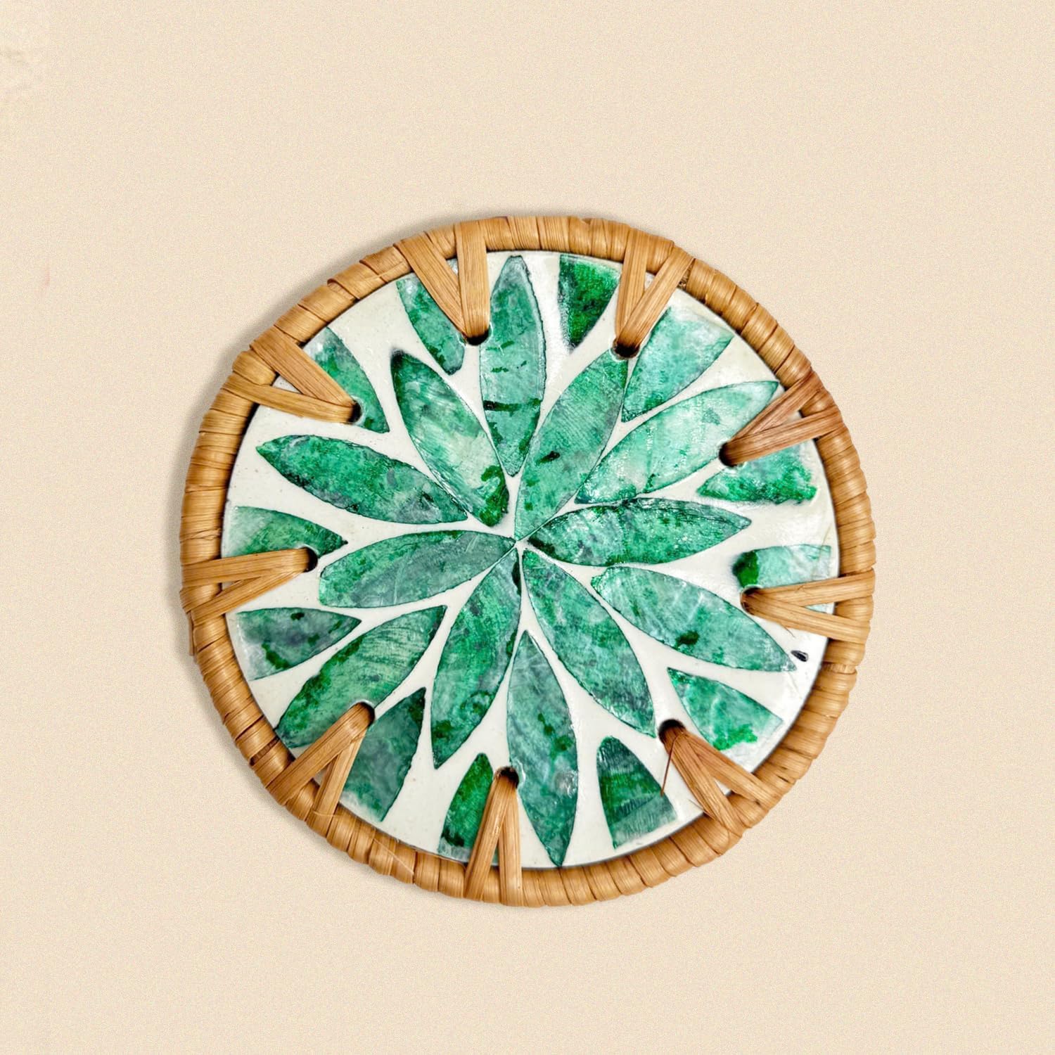 Holder Rattan & Mother of Pearl Drink Coasters / Botanical Green / Set of 6