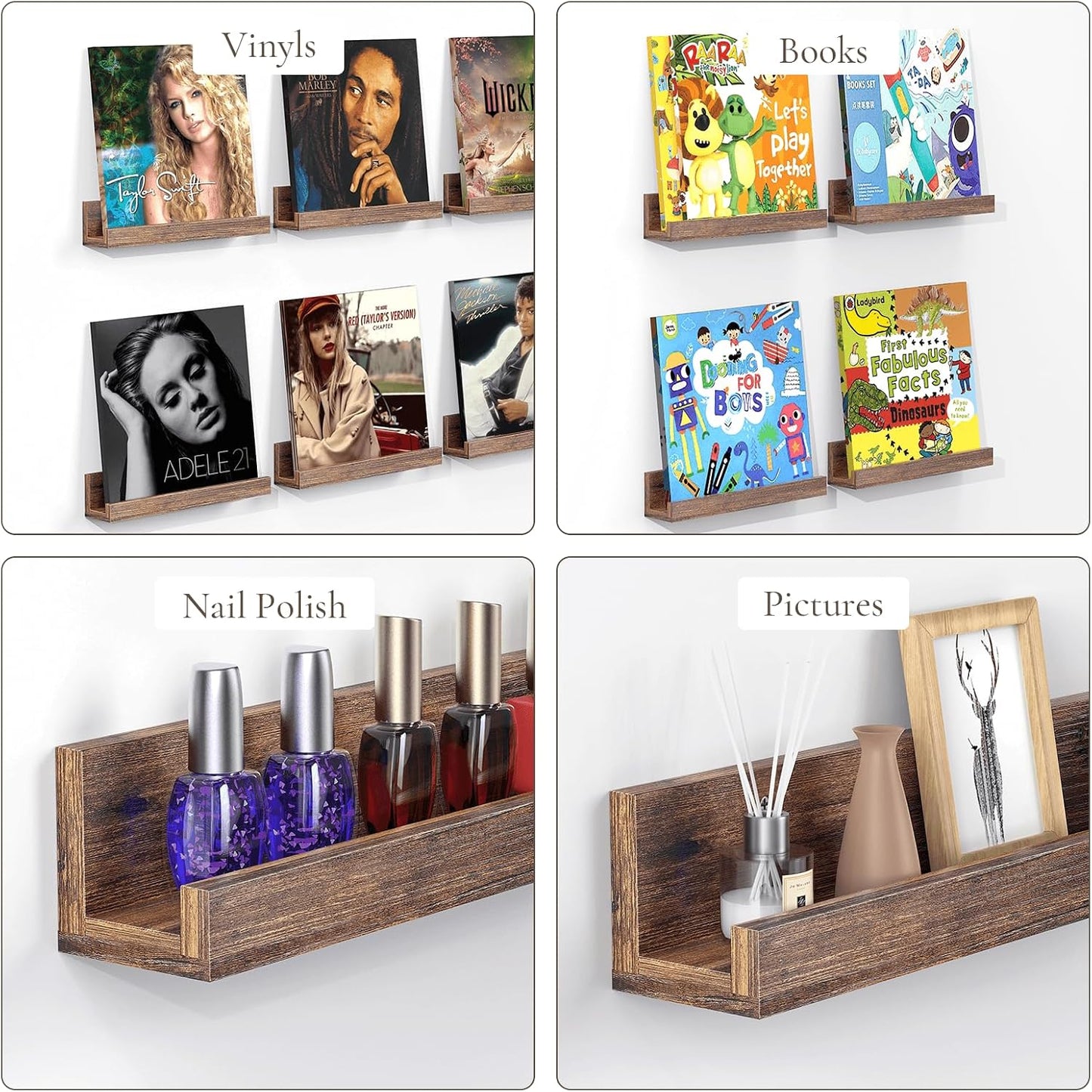 Vinyl Record Shelf Wall Mount, Pack of 6 Floating Shelves for Wall | 12 inch Wooden Album Record Holder Display for