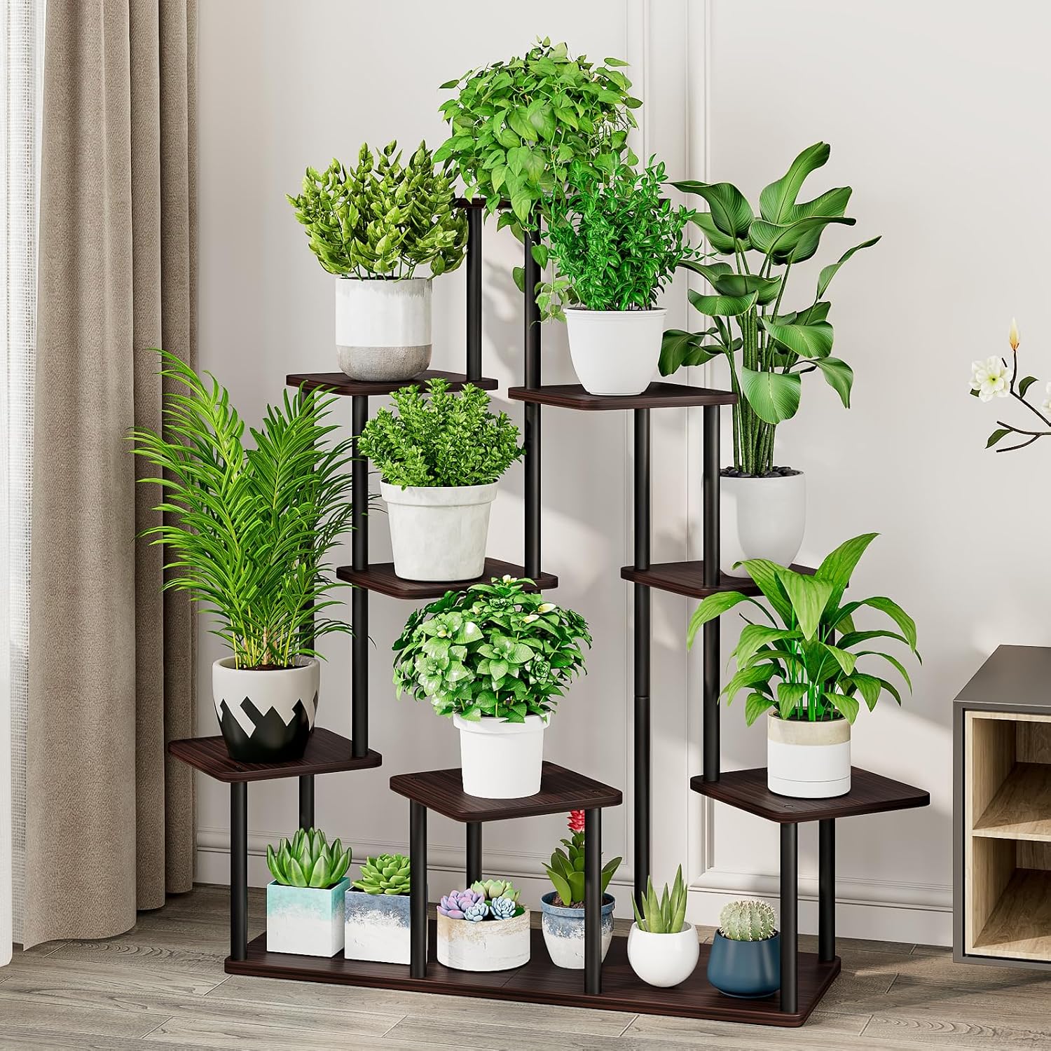 9 Tier Tall Plant Stand Indoor Corner Tiered Shelf Metal MDF Board | Sturdy Metal Frame,Space-saving Tiered Design