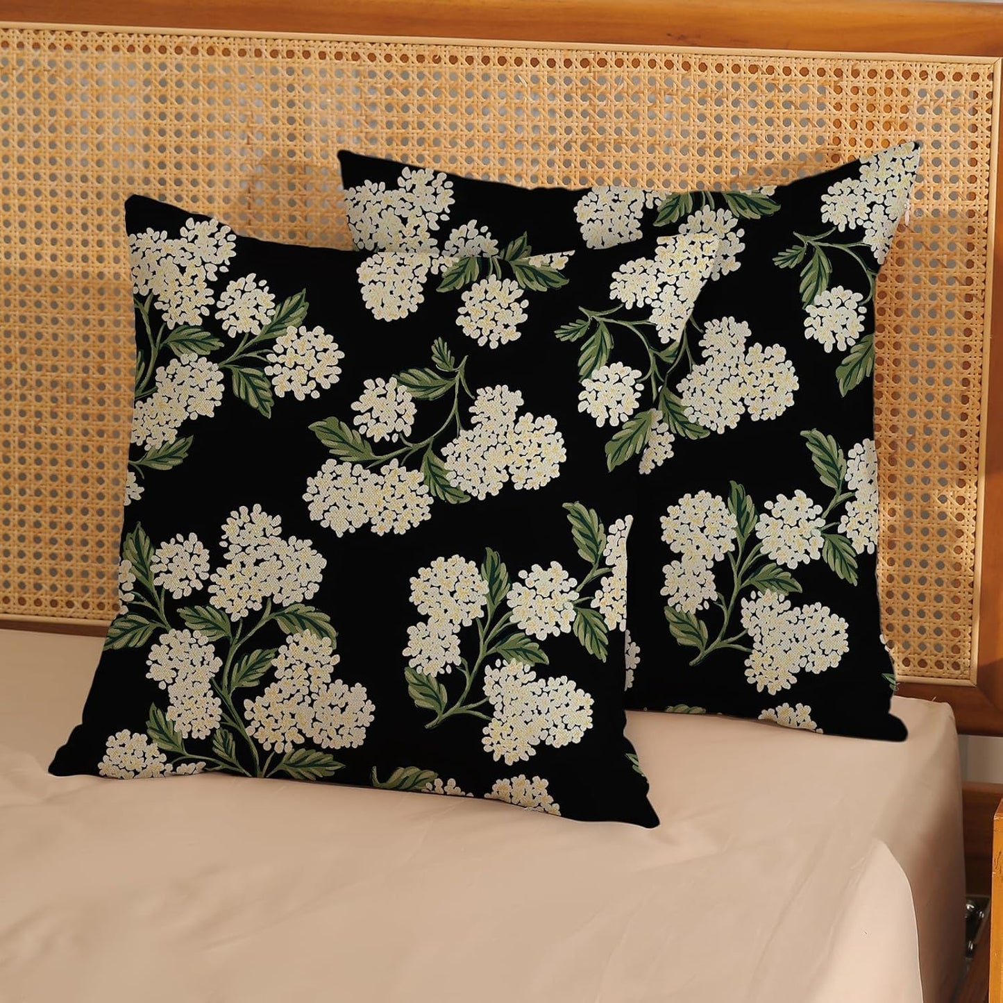 Black Spring Pillow Covers Green Hydrangea Flower Decor Throw / 18 x 18 / Black Hydrangea / Set of 2