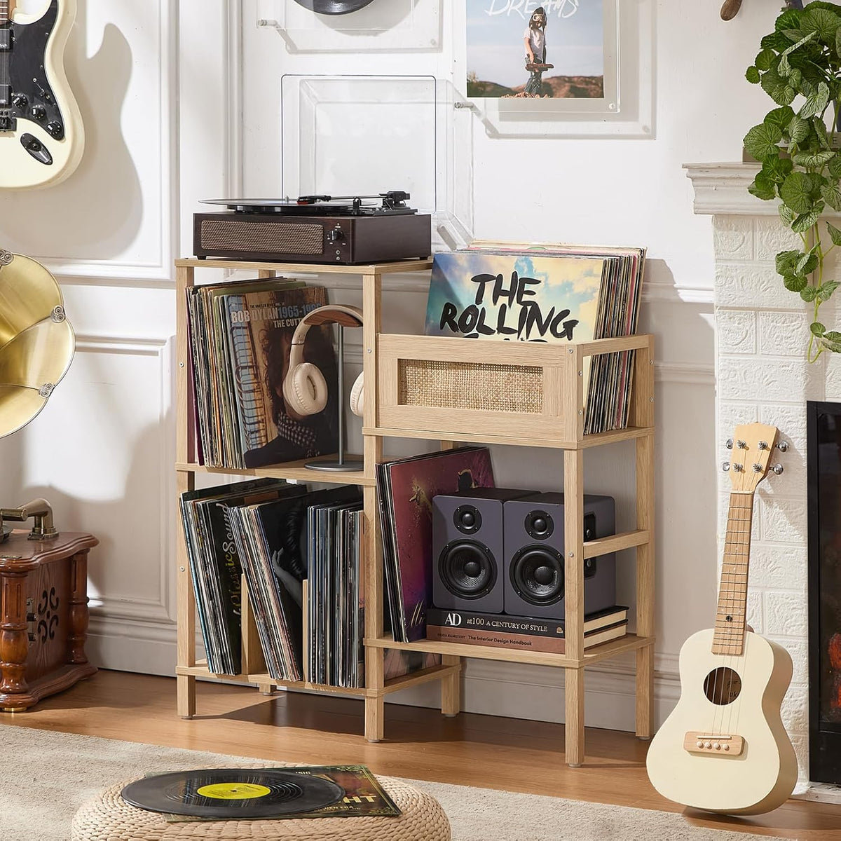 Record Player Stand, Natural Oak Wood Record Holder with Vinyl Storage Holds up to 300+ Albums, 3-Tier Rattan Media