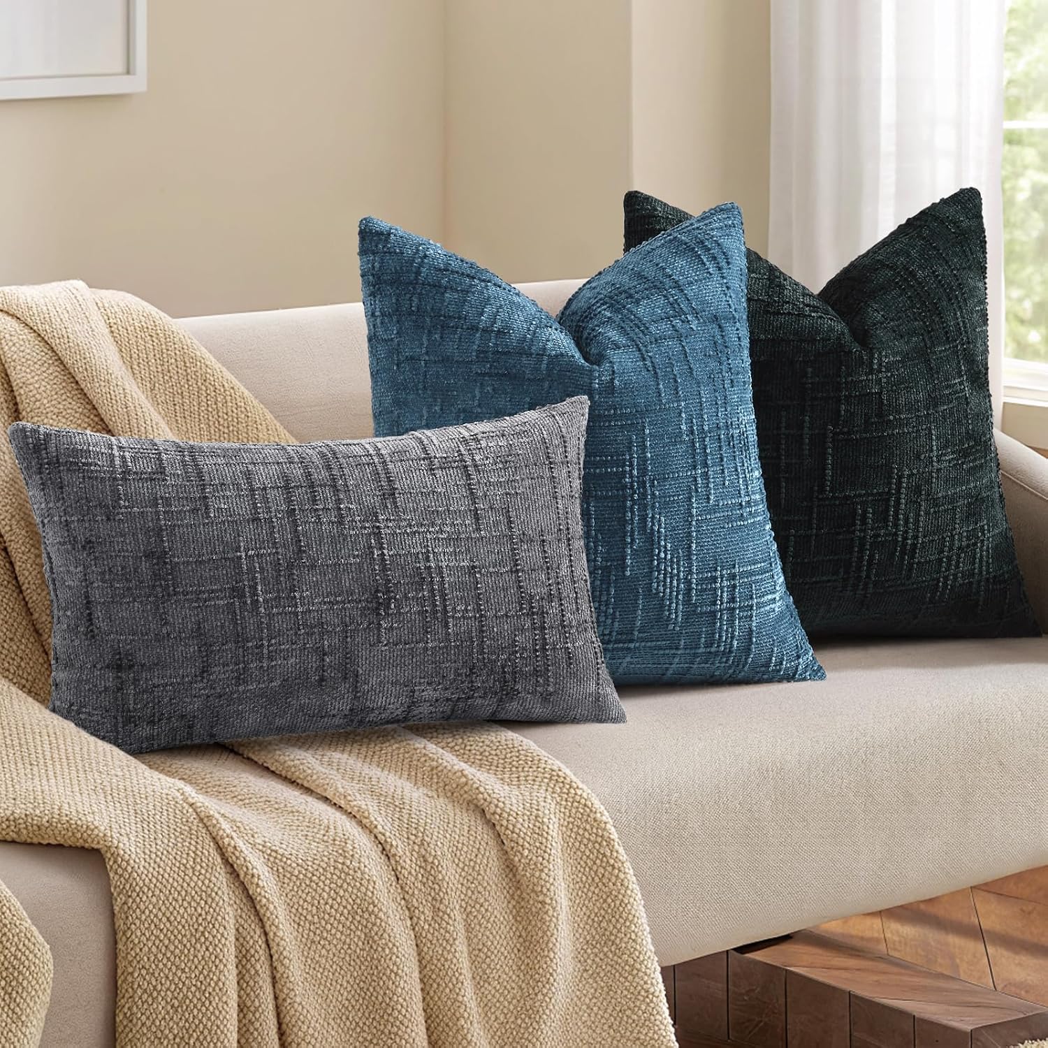 Fall Chenille Throw Pillow Covers Textured Soft Slubby Couch Pillow / Navy Blue / 18 x 18 / Set of 2