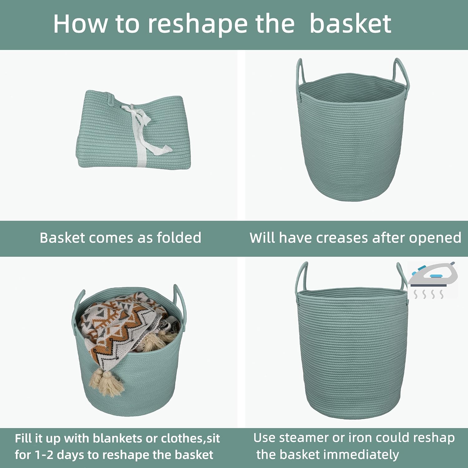 Cotton Rope Laundry Basket Hamper for Clothes Woven Storage Basket / Regular / Light Green