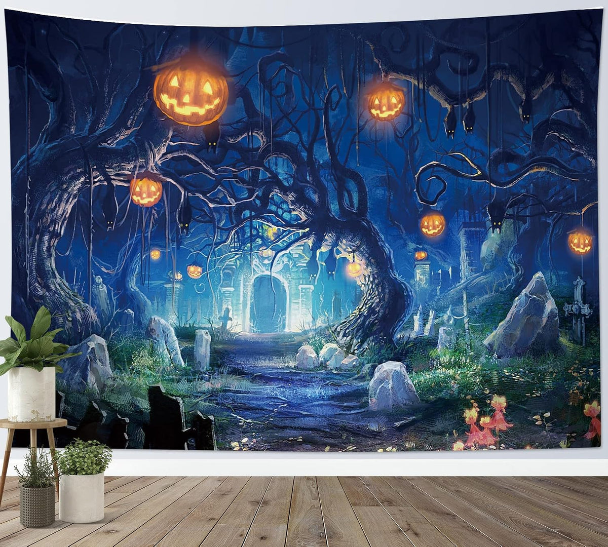 HVEST Halloween Tapestry Night Tapestry Wall Hanging Haunted Woods with Grave and Pumpkins Wall Blanket for Bedroom Living Room Dorm Decor,60W X 40H inches