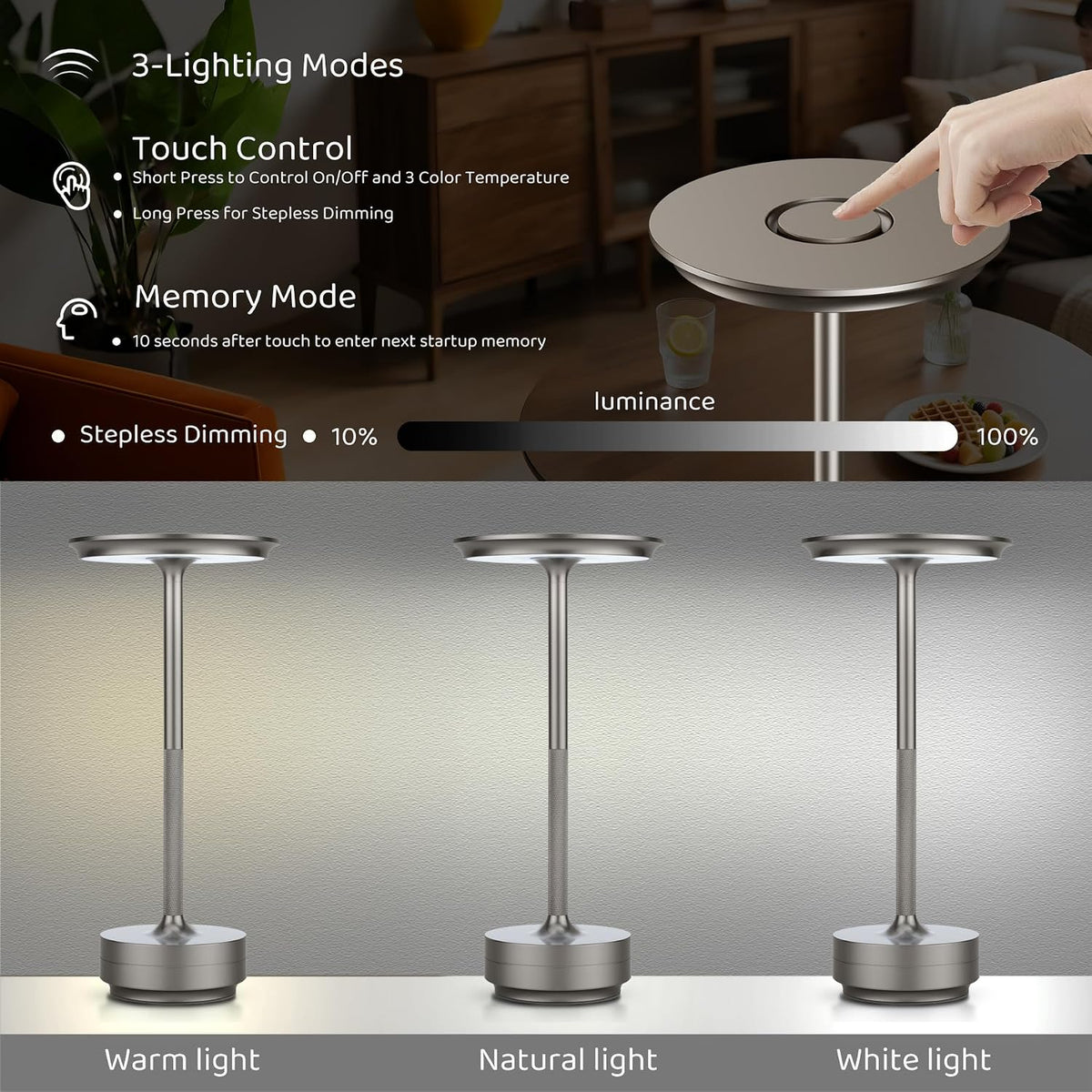 UdoUto 2-Pack Cordless Table Lamps Rechargeable, Silver | 5000mAh Battery Operated, LED Table Light, Touch Stepless