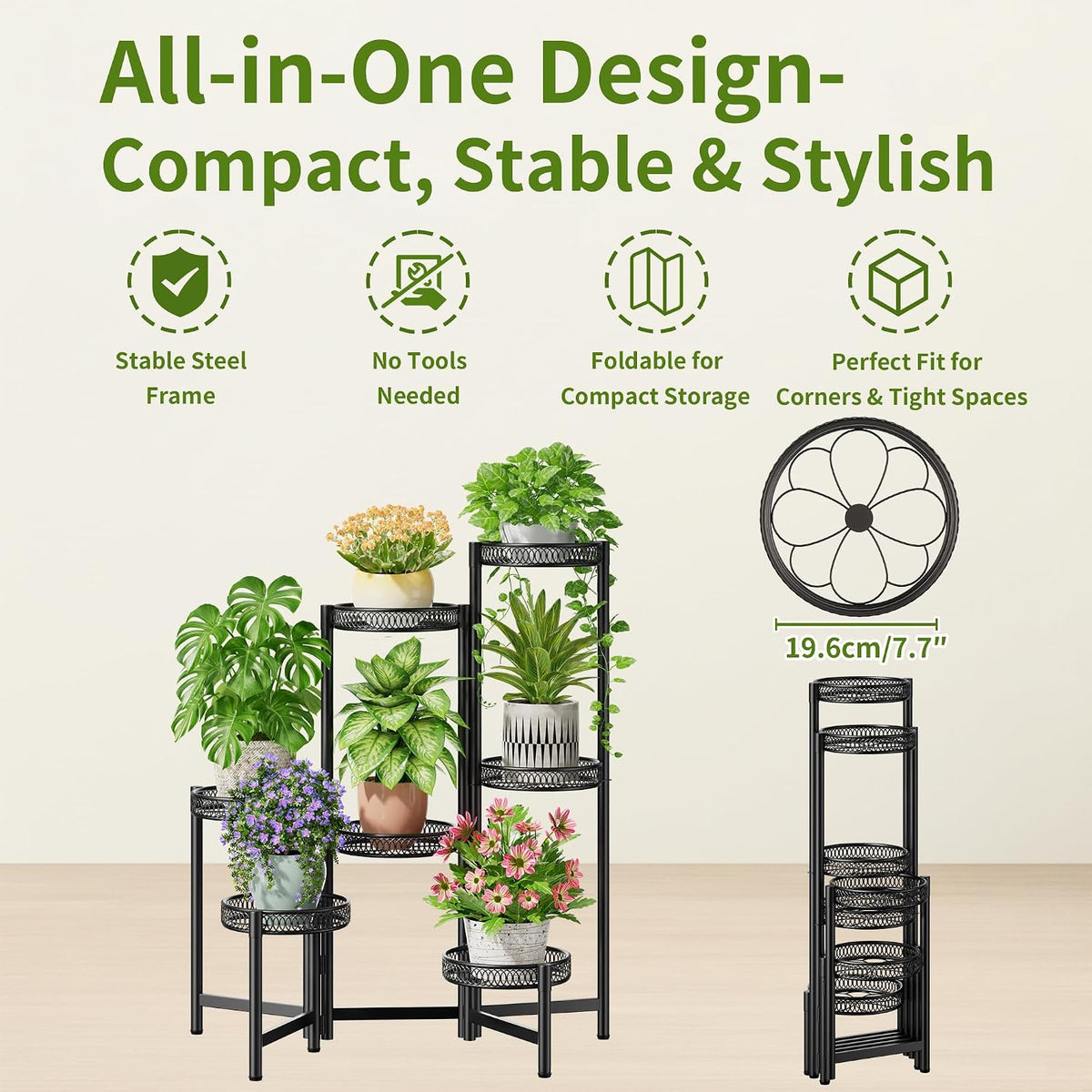 Plant Stand Indoor Outdoor, 7 Tier Large Plant Stand with 7.9-Inch Wide Drainage Tray, Tiered Corner Metal Iron Flower