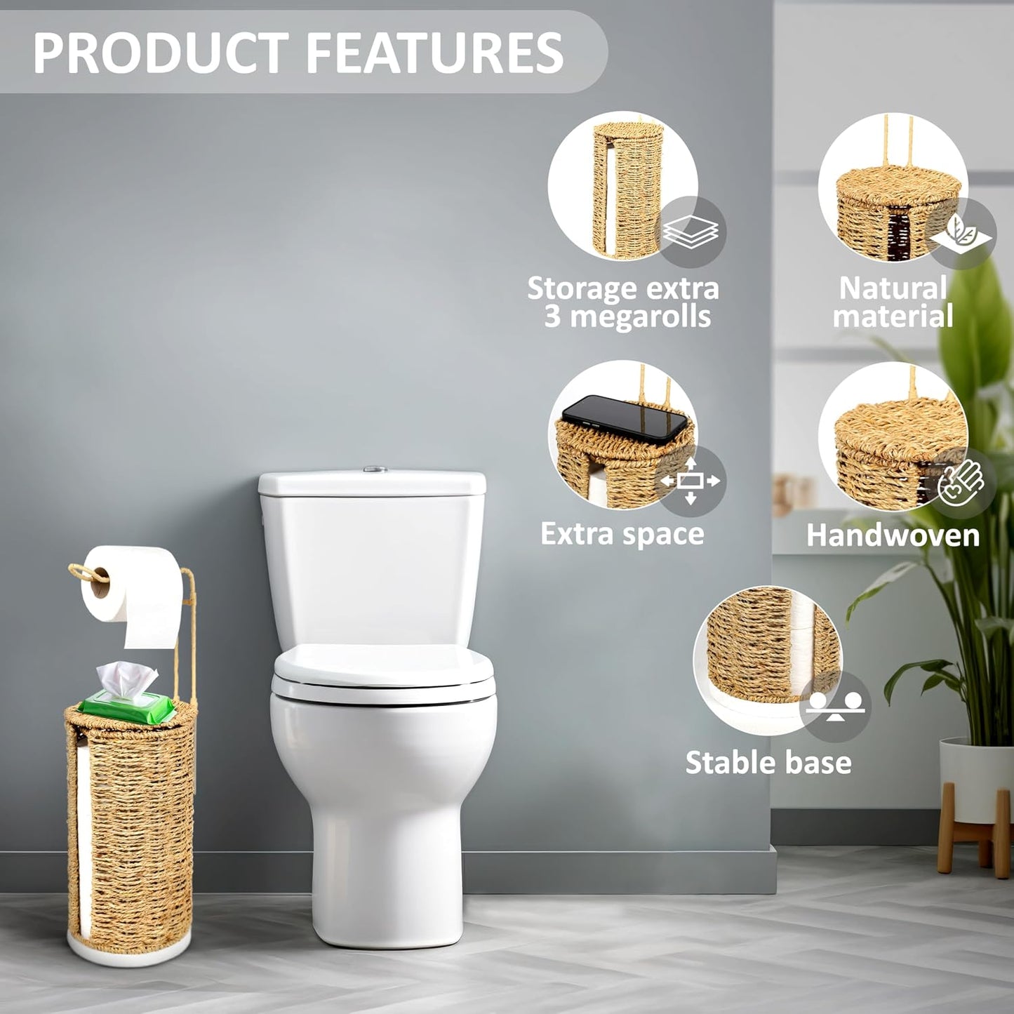 Freestanding Wicker Toilet Paper Holder with Lid, 3 Rolls of Toilet Tissue Storage, Rattan Handmade Woven Toilet Paper