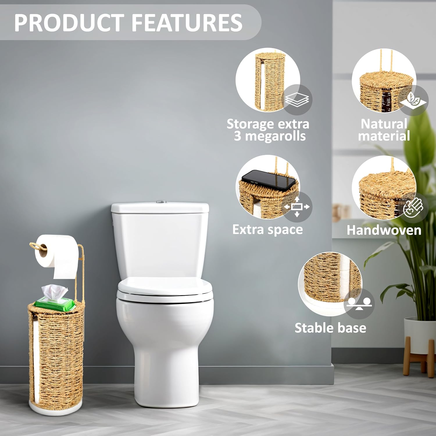 Freestanding Wicker Toilet Paper Holder with Lid, 3 Rolls of Toilet Tissue Storage, Rattan Handmade Woven Toilet Paper