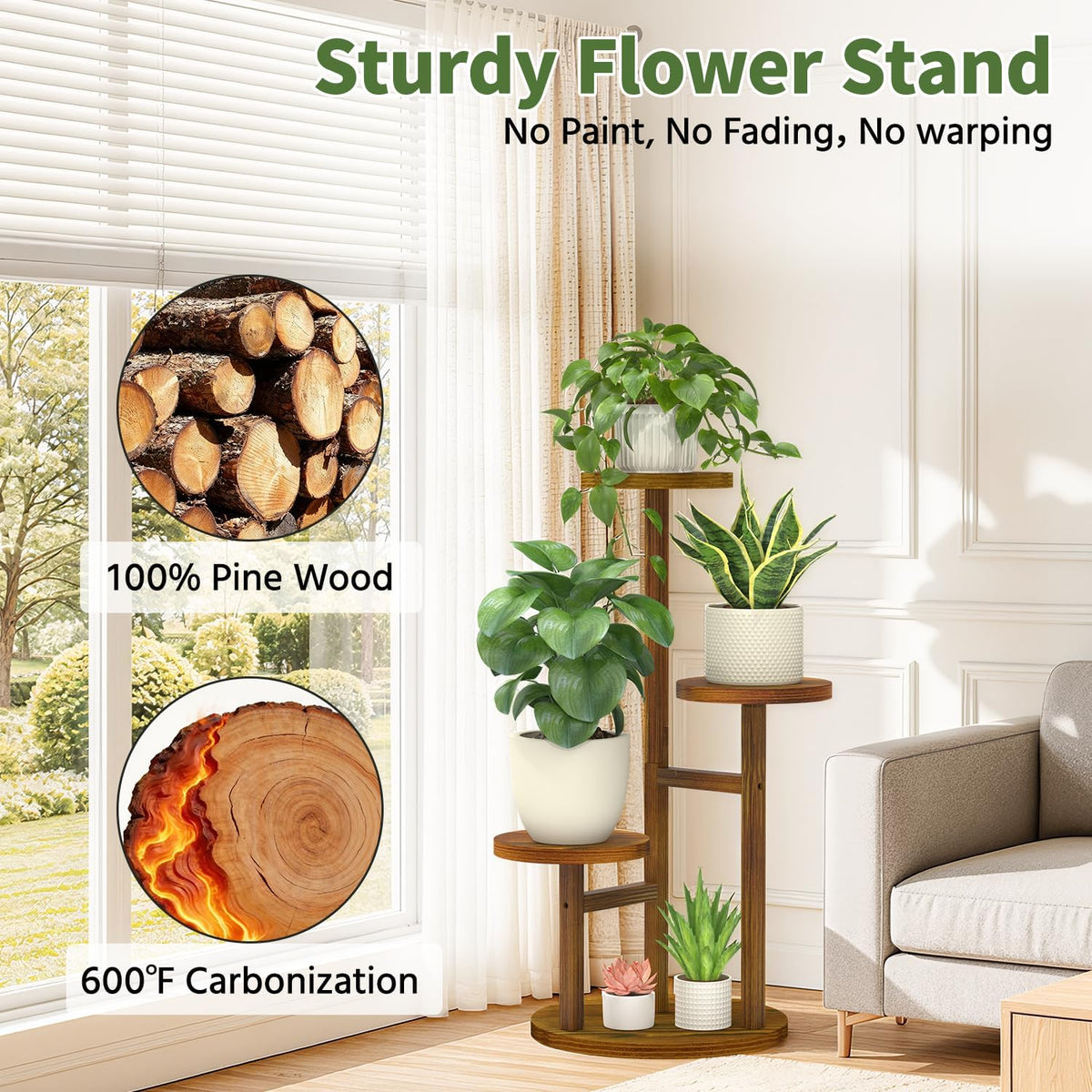 LASZOLA Wood Small Plant Stand Table Tall for Indoor Corner, 3 Tier Brown | Flower Pot Holder Rack for Multiple Plants