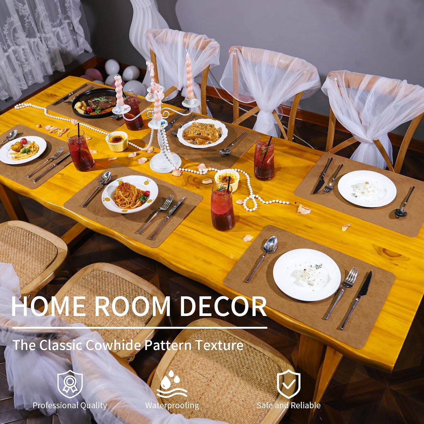 Cowhide Pattern Faux Leather Placemats Set of 6,Heat Resistant Non-Slip Waterproof Wipeable Washable Kitchen Dining PU