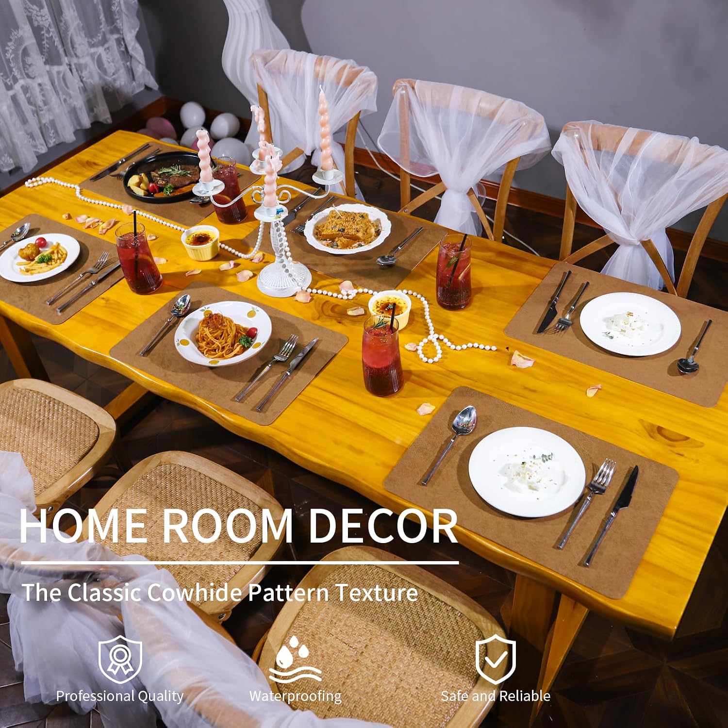 Cowhide Pattern Faux Leather Placemats Set of 6,Heat Resistant Non-Slip Waterproof Wipeable Washable Kitchen Dining PU