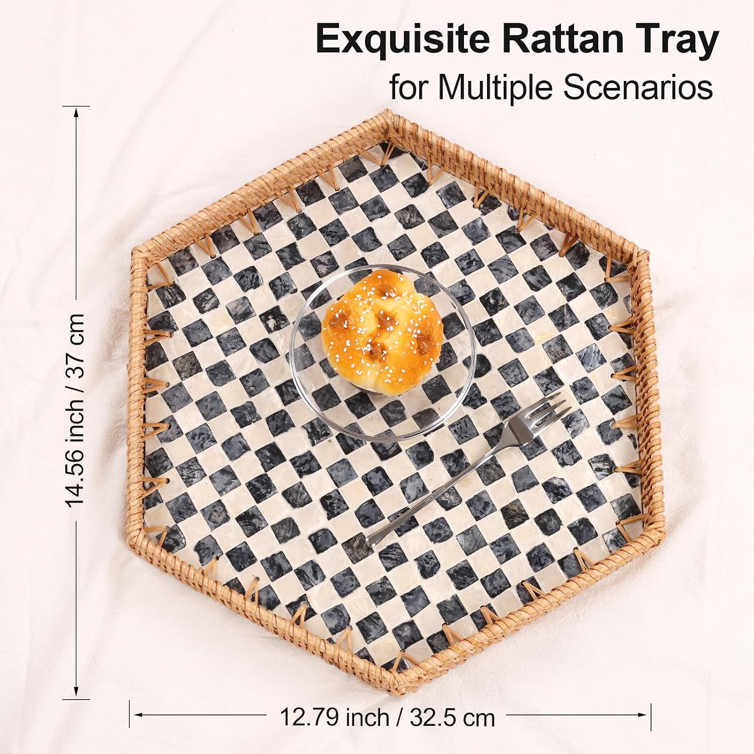 Hexagon Rattan Tray / Black Checker