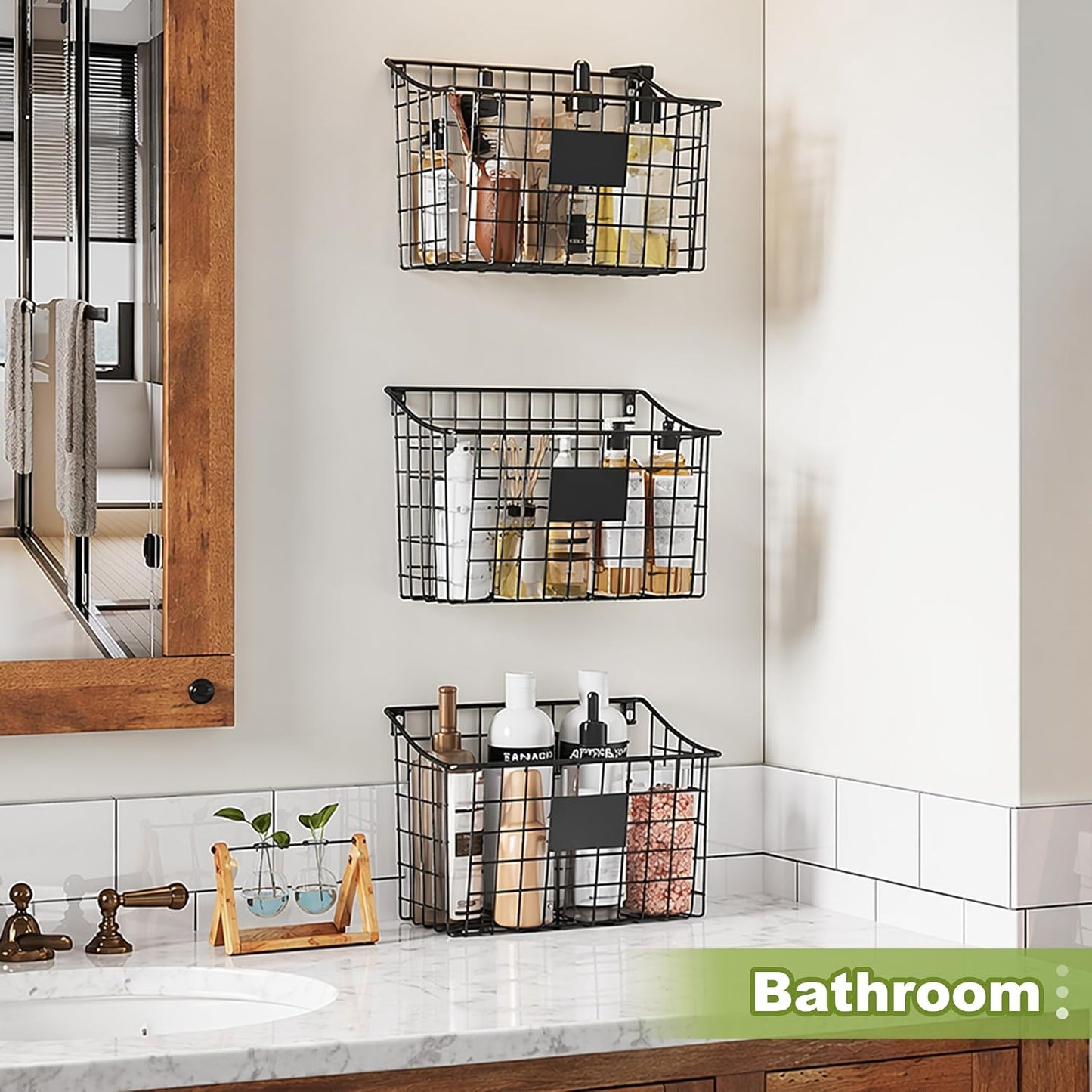 Wall Mounted Bin Basket with 5 Hooks 3 Label Plate Adhesive-3 Pack, Cabinet Hanging Metal Wire Basket,Rustic Farmhouse