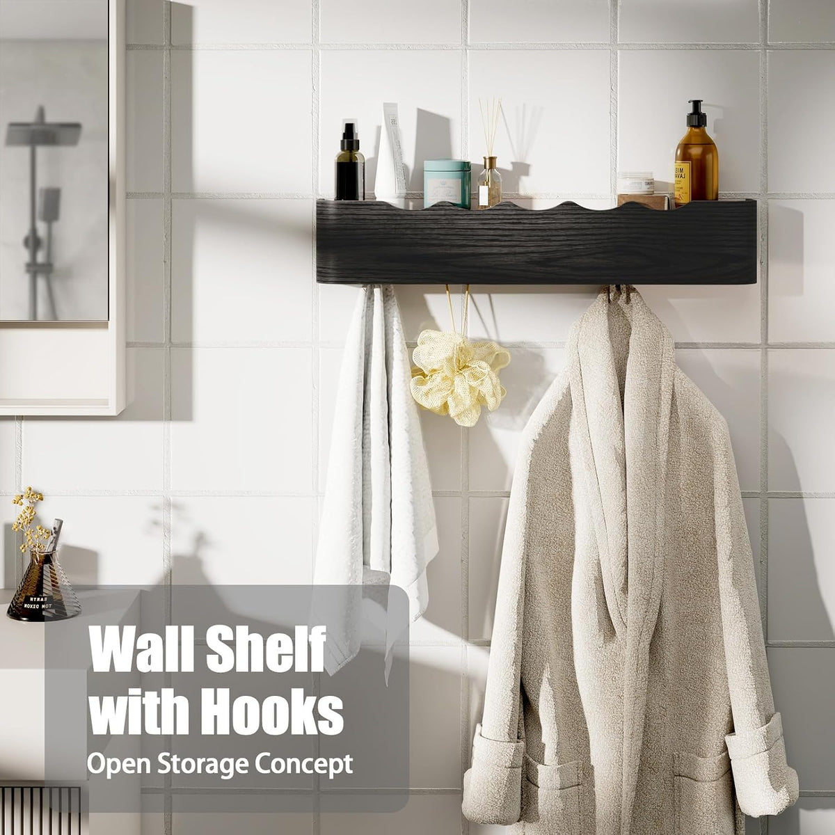 Coat Rack Wall Mount with Shelf 5 Hidden Hooks Modern Wooden Key Holder Entryway Organizer for Hallway Bedroom Bathroom