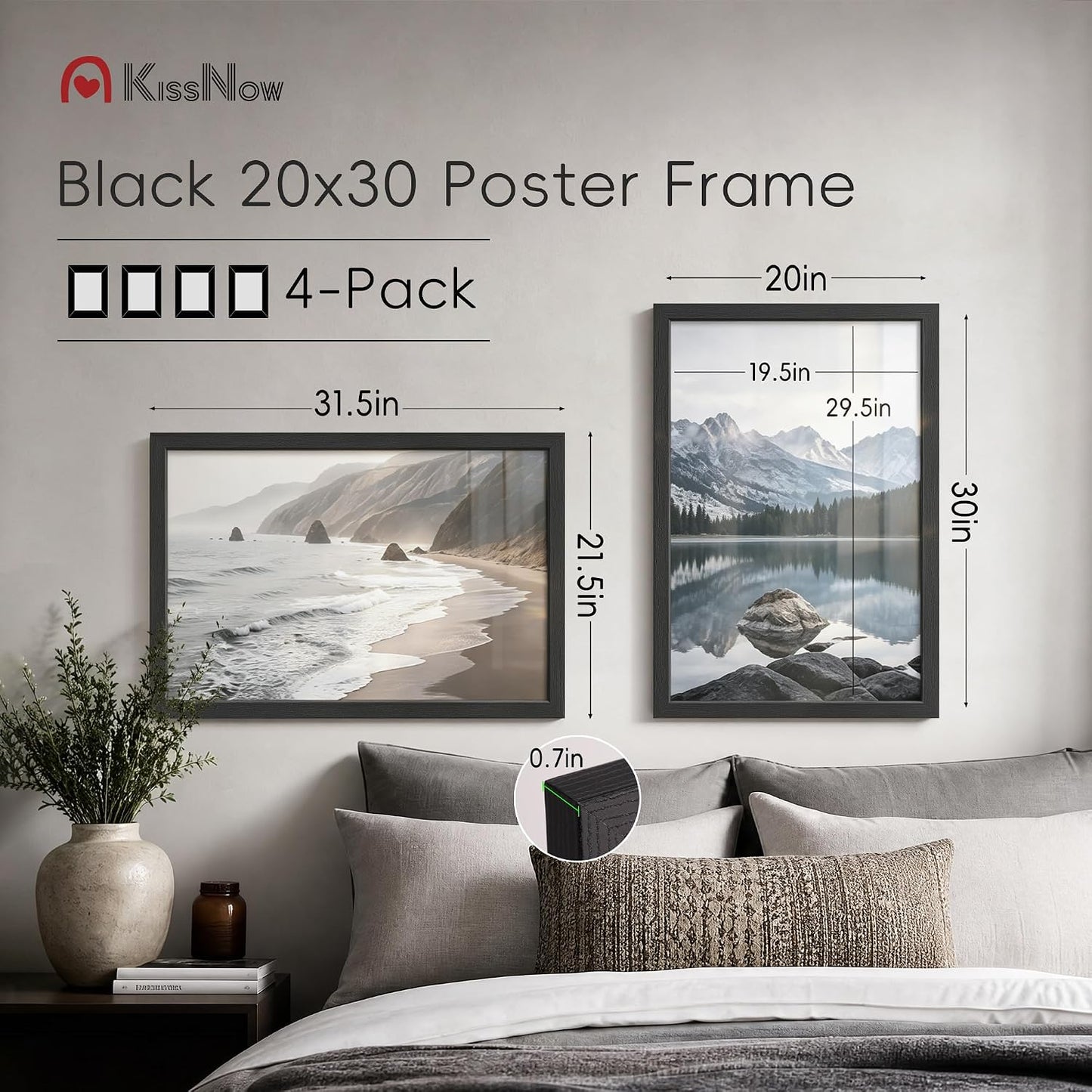 20x30 Poster Frame 4 Pack, Black Solid Wood, Gallery Wall Decor | Wall Hanging, Thick & Wide Border, Clear Plexiglass