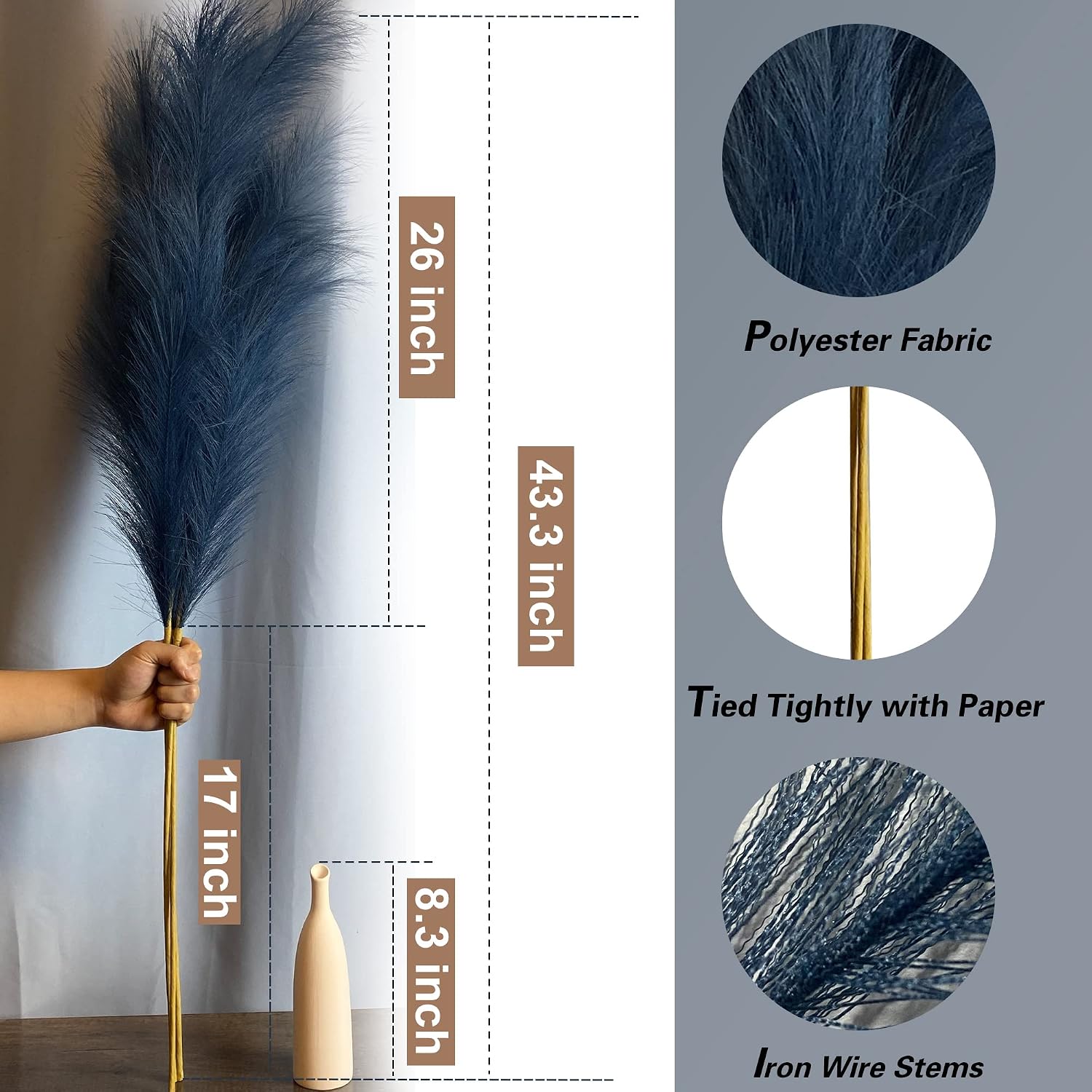 Artificial Pompas Grass Branches / 43.3'' Tall / Navy Blue