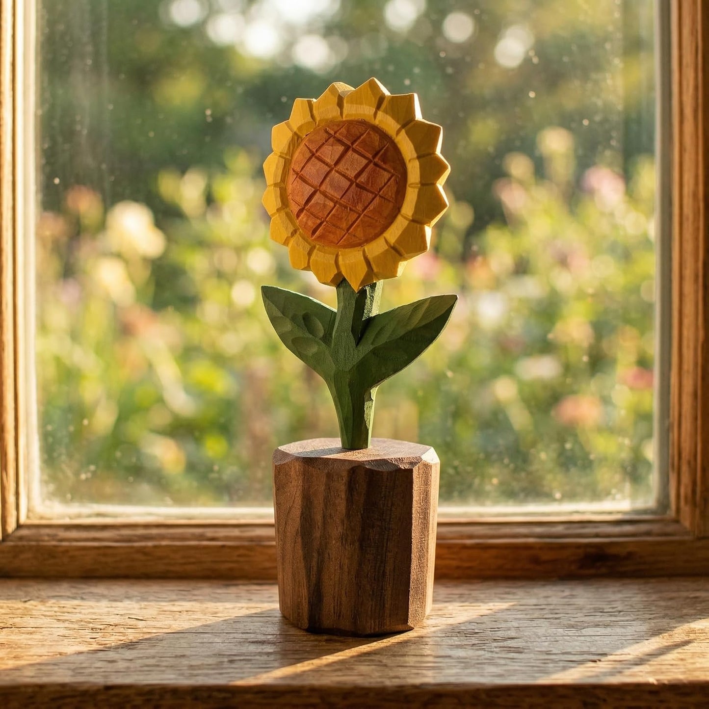 Hand-Carved Wooden Sunflower Figurine / Yellow Sunflower