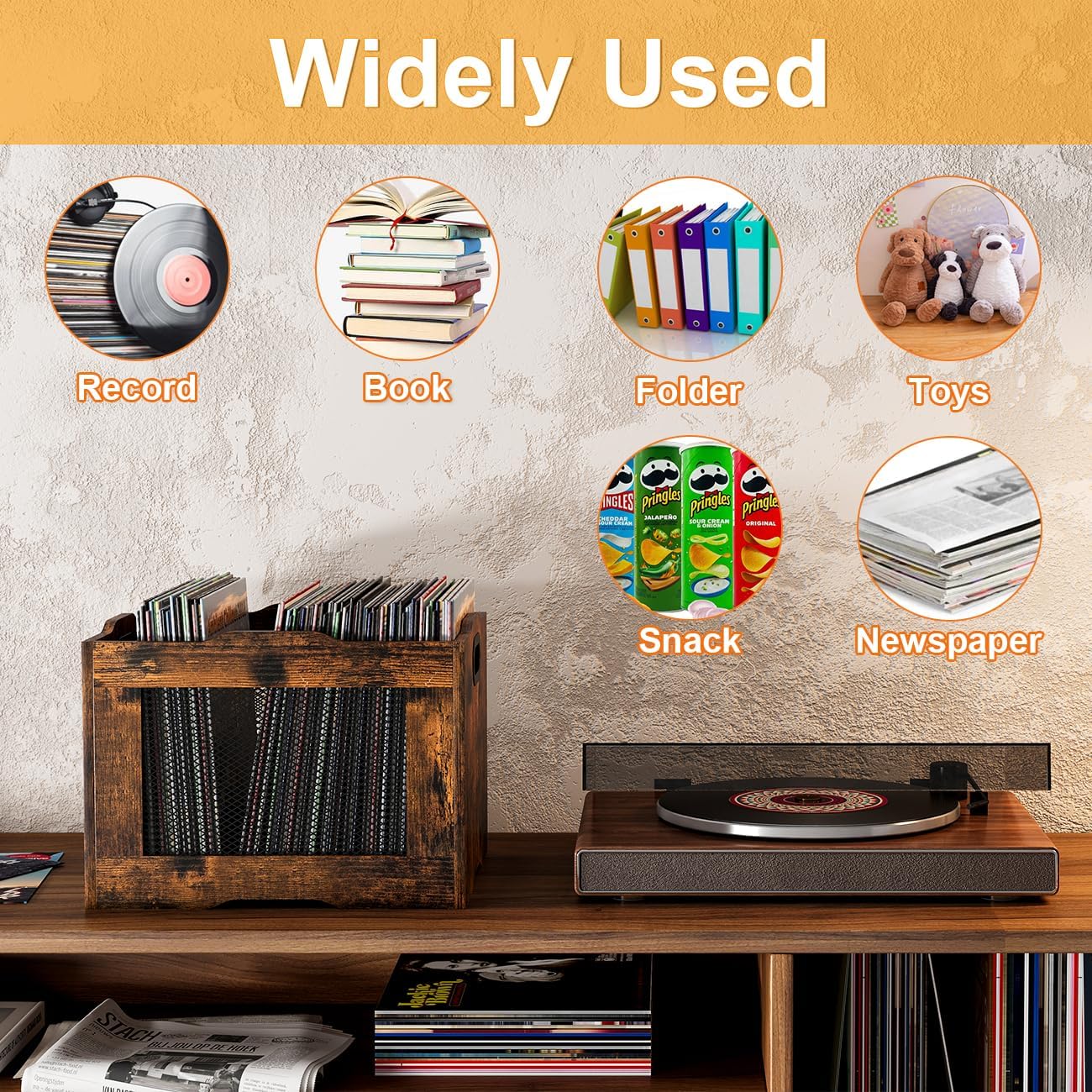 Vinyl Record Storage Crate, Stackable LP Record Display Shelf, Heavy Duty Wood Organizer Box for Records